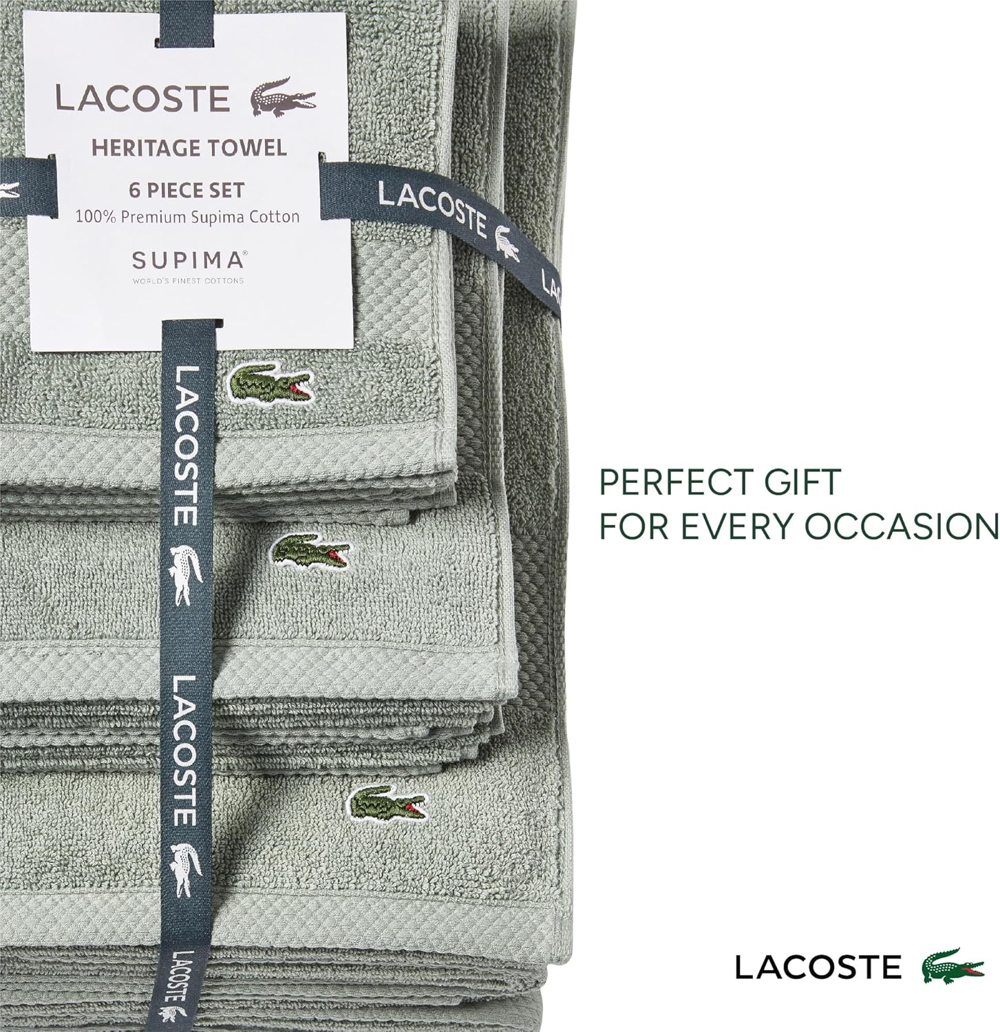 Lacoste Heritage Anti-Microbial Supima Cotton 6-Piece Towel Set, 2 Bath Towels, 2 Hand Towels, 2 Washcloths, Aloe – Highly Absorbent & Quick Drying, Bathroom Essential, Machine Washable