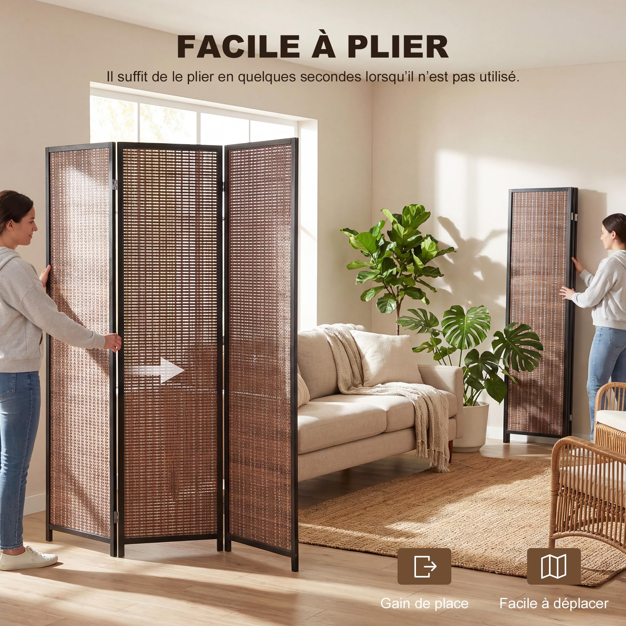 HOMCOM Paravent Interieur en Bois 3 Panneaux 135 x 180 cm séparateur de pièce Pliable cloison de séparation pour Salon Chambre à Coucher Maison, Marron