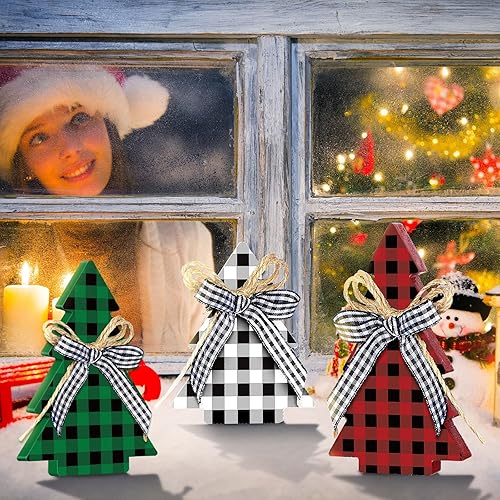 Miniatura 7 de Decoración de Navidad, 3 piezas, mesa de madera, árbol de Navidad, árbol de Navidad rústico, centro de mesa de Navidad de madera para mesa pequeña,