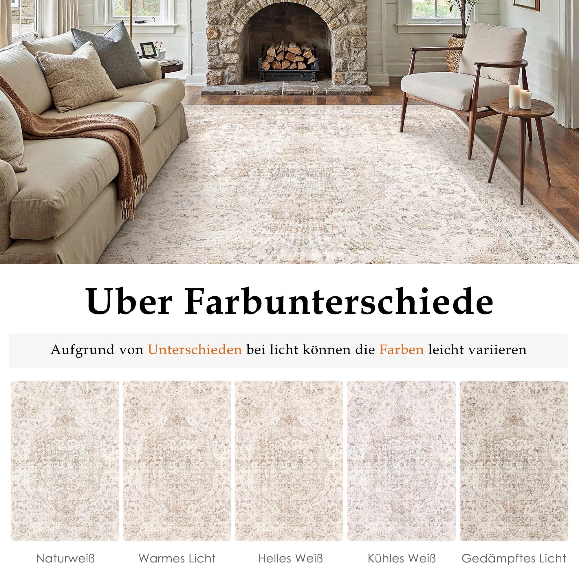 PureCozy Teppich Wohnzimmer 200x300cm Waschbarer Vintage Beige Tepich for Schlafzimmer kurzflor rutschfest Weich Böhmischen Groß Retro Carpet für Küchen Esszimmer Bedroom Büro Living Room