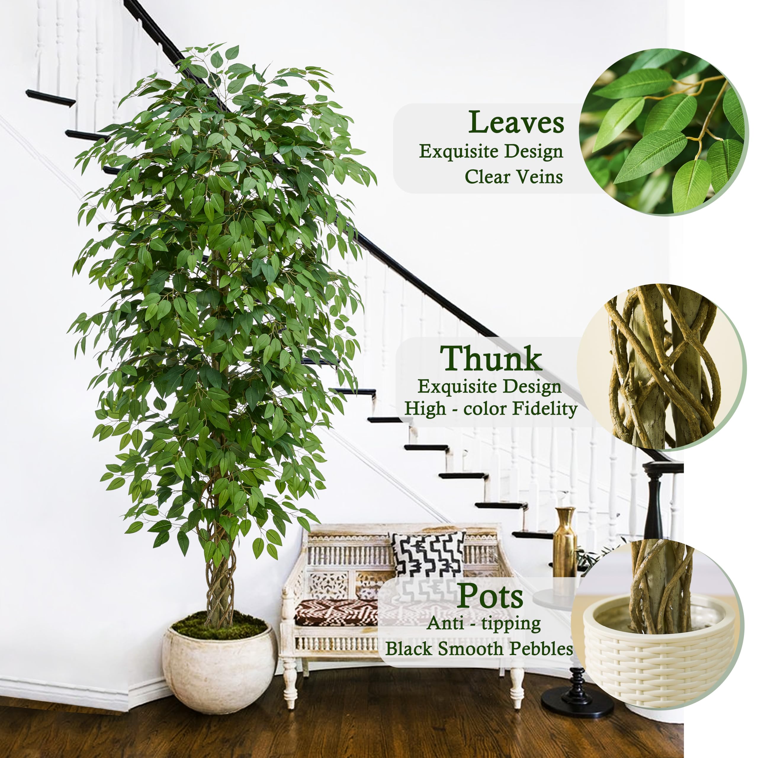 Kunstpflanze Ficus Benjamini 210CM, Künstliche Pflanzen Groß mit Topf, Künstlicher Gefälscht Baum, Künstlichen Ficus für die Esszimmer und Eingangsbereich und Wohnzimmer