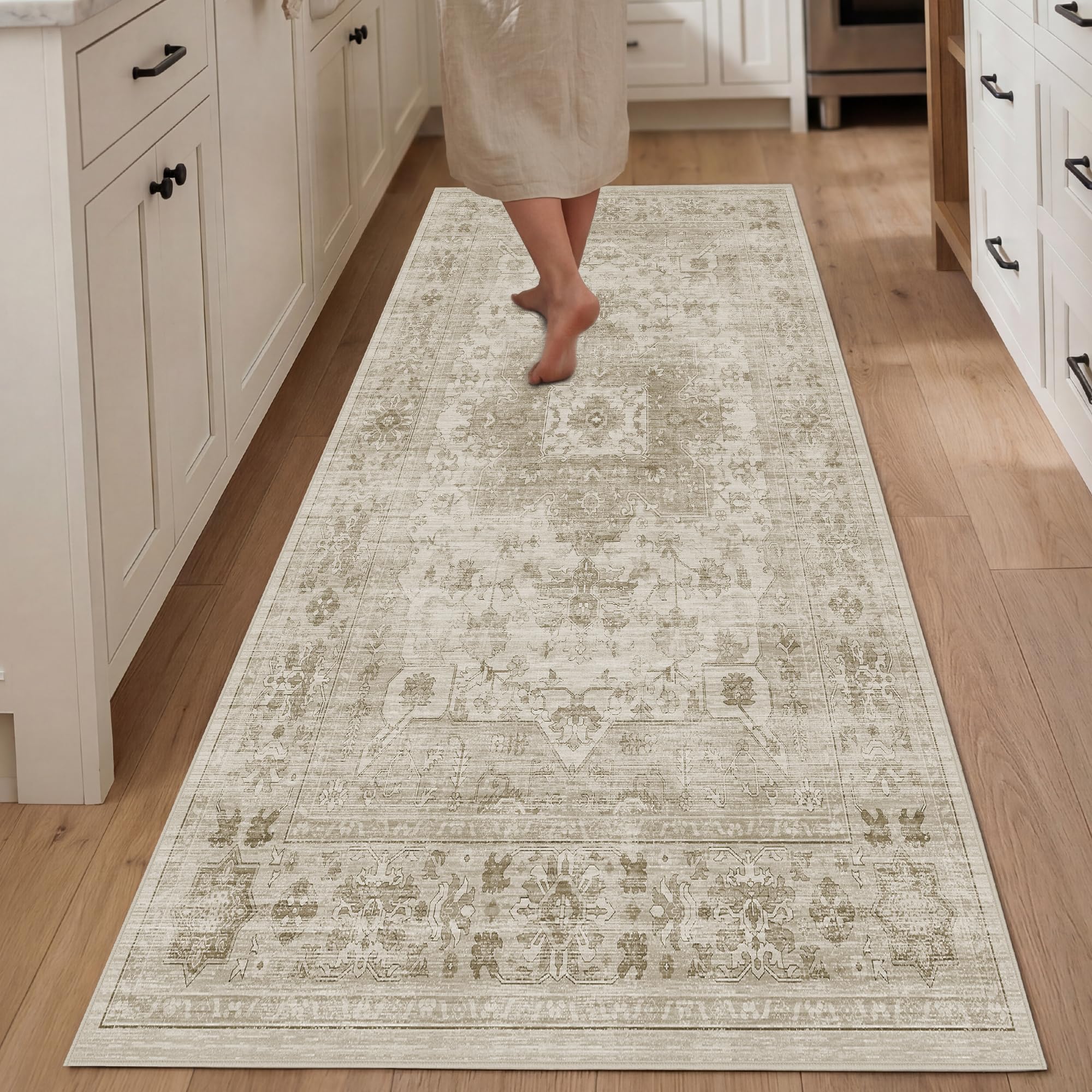 Autsel Rugs for Living Room Bedroom 80x150cm, Small Machine Washable Area Rugs Non-slip, Vintage Boho Rugs, Soft Short Pile Carpet, Cream Runner Rugs for Hallway, Carpet for Kitchen, Office