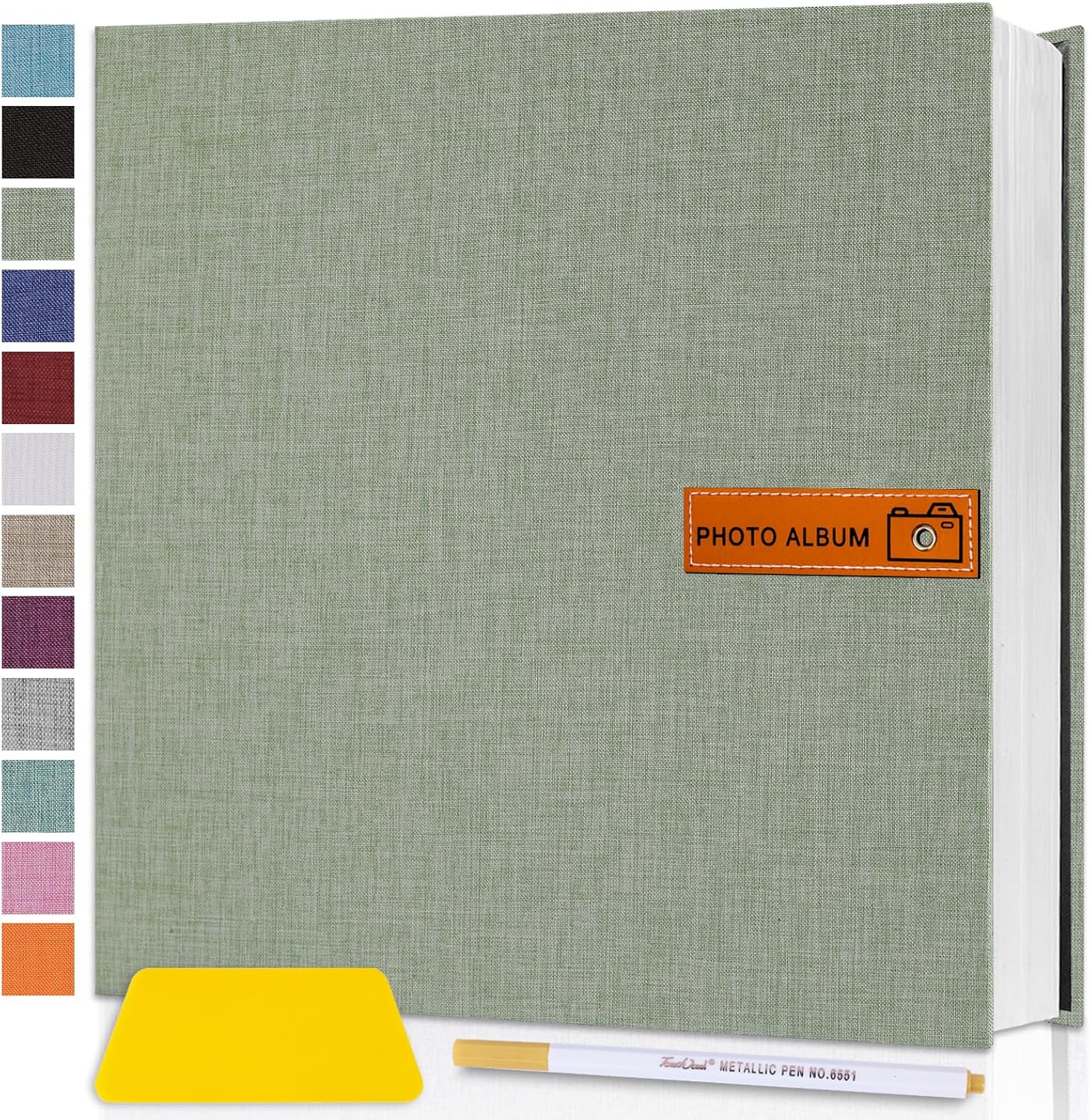 13.2x12.8 Large Photo Album Self Adhesive Page for 4x6 5x7 8x10 Photos Scrapbook Magnetic Photo Albums DIY Memory Picture Book with Sticky Pages for Family Baby Wedding GrassGreen 60 Pages