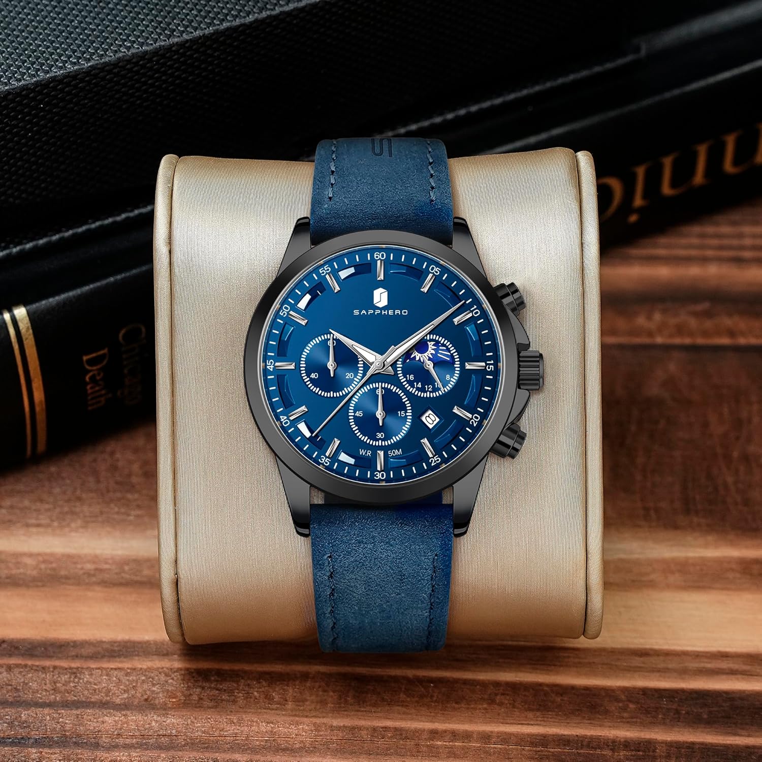 SAPPHERO Chronograph Watches for Men, Original Business Casual Stainless Steel Analog Watch 50M Waterproof Luminous Watches with Date Dial, Mens Gift
