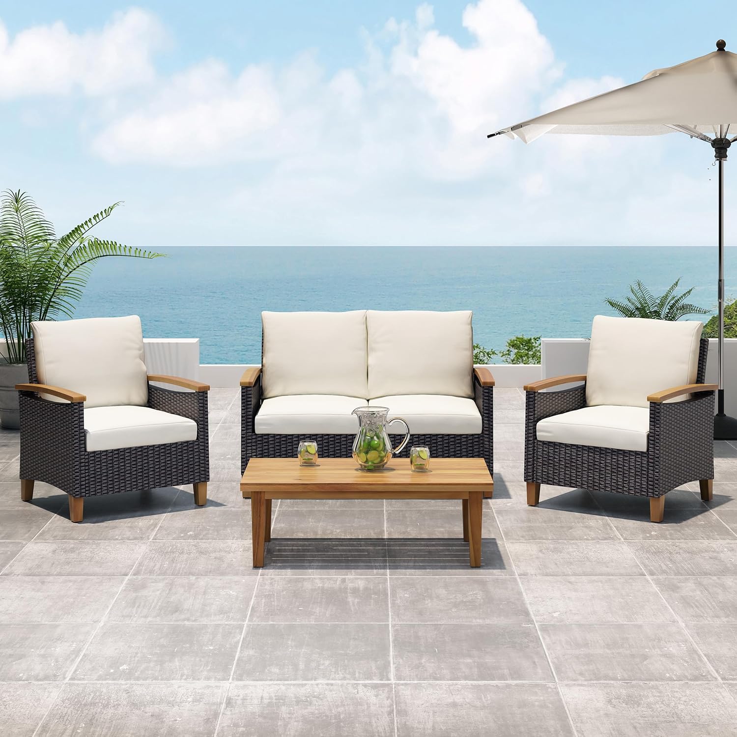 Isla Acacia Wood Outdoor Chat Set: 2 Club Chairs, 1 Loveseat, 1 Coffee Table with Water-Resistant Cushions, Transitional Style for Patio Garden