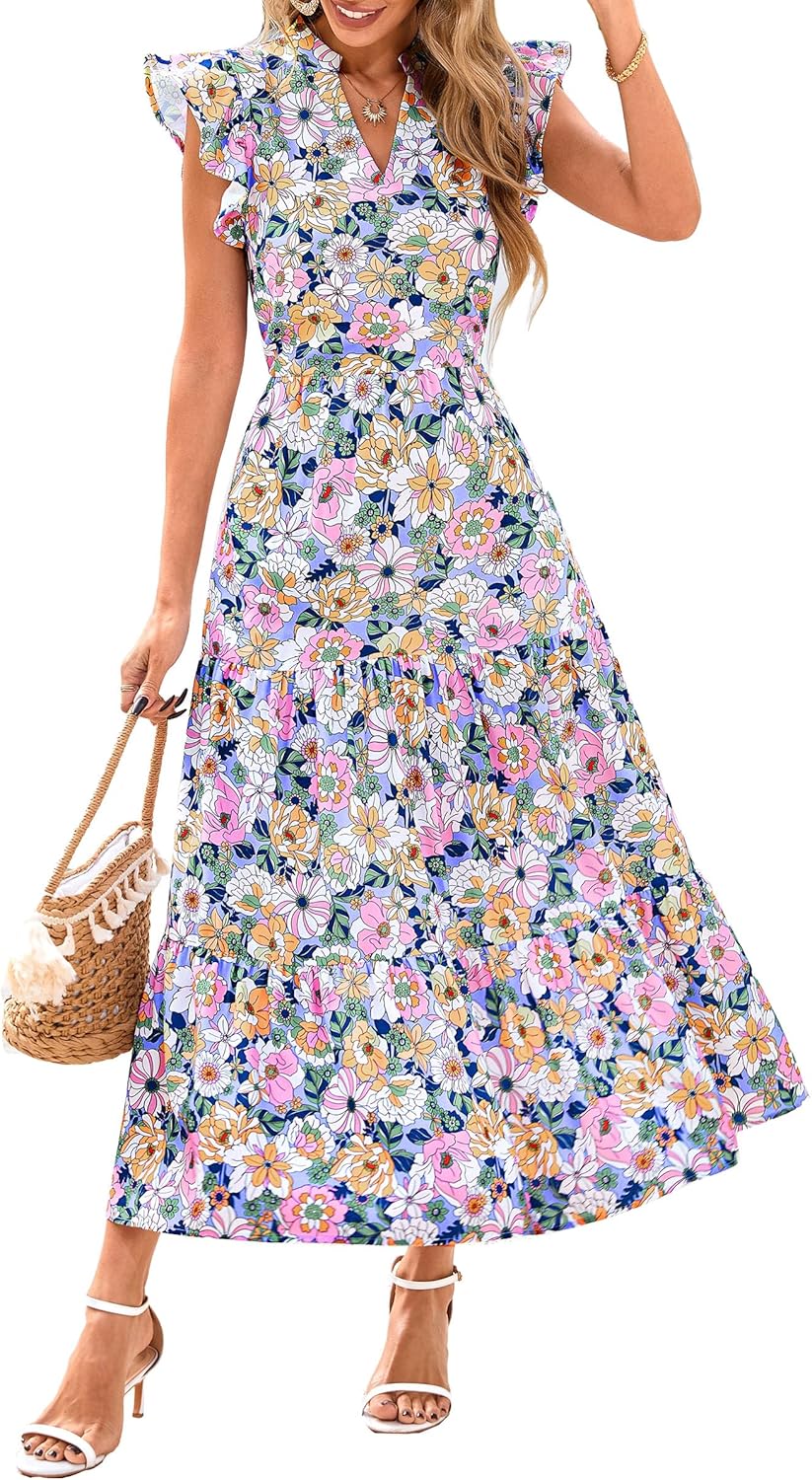 prettygarden women summer floral midi dress cap sleeve v neck