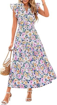 PRETTYGARDEN Women's 2026 Summer Floral Midi Dress Cap Sleeve V Neck Ruffle Long Flowy Boho Casual Beach Vacation Dresses