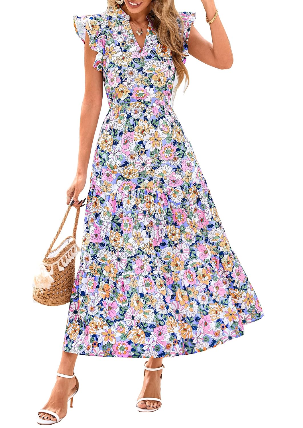 PRETTYGARDEN Womens 2026 Summer Floral Midi Dress Cap Sleeve V Neck Ruffle Long Flowy Boho Casual Beach Vacation