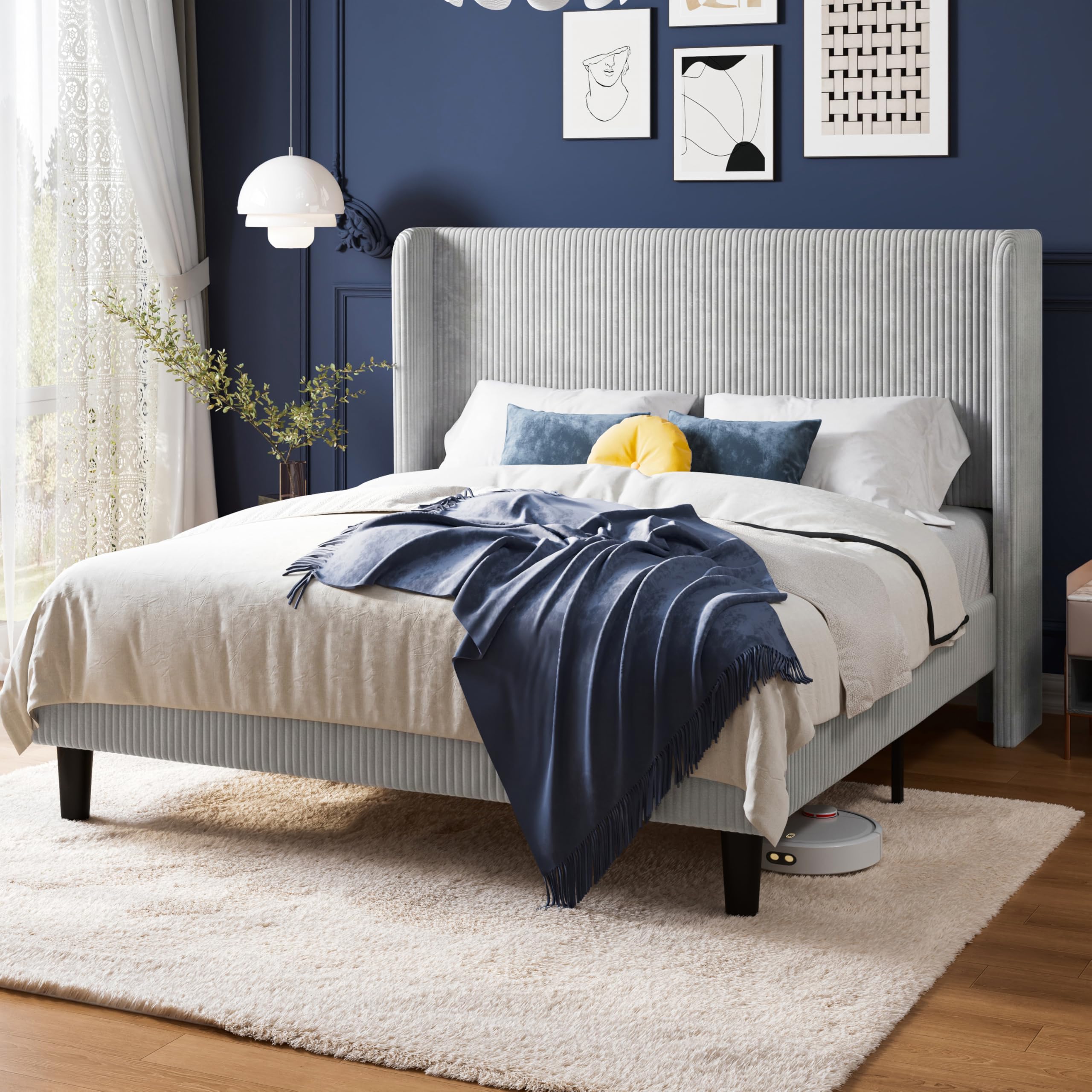 Allewie Queen Size Platform Bed with Corduroy Wingback Headboard Light Grey