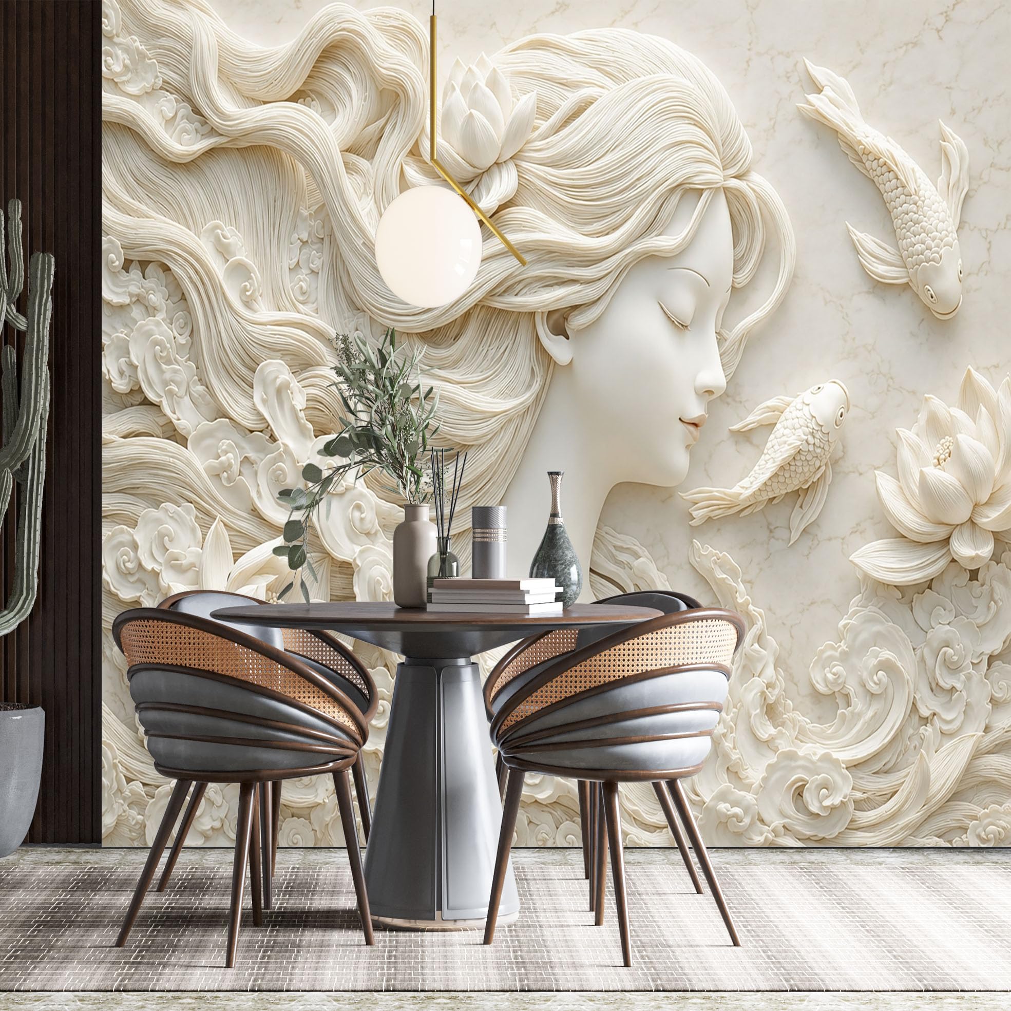 Carta Da Parati 3D Con Volto Di Donna Per Camera Da Letto 80X56 Pollici Con Dama Orientale E Pesci Koi Murale 3D Con Texture Per Camera Da Letto E Soggiorno Carta Da Parati Fotografica In Tessuto No