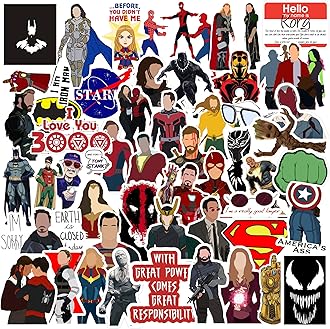 Pack of 52 Waterproof Superhero Vinyl Stickers – Marvel & Avengers Residue-Free Decals for Laptop, Journal, Phone Case, Notebook & More