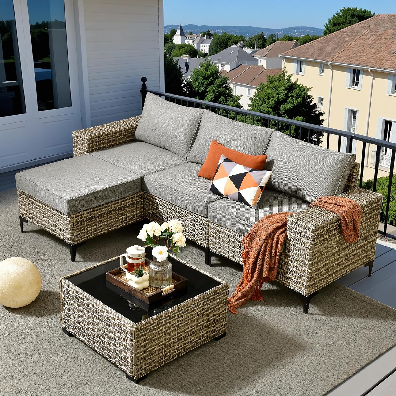 Outdoor Sectional Patio Furniture Set with Fire Pit Table,8 Pieces Wicker Conversation Sets L Shaped Couch,Extra Deep Out Door Sofa Outside Furniture with Swivel Chairs,Blue