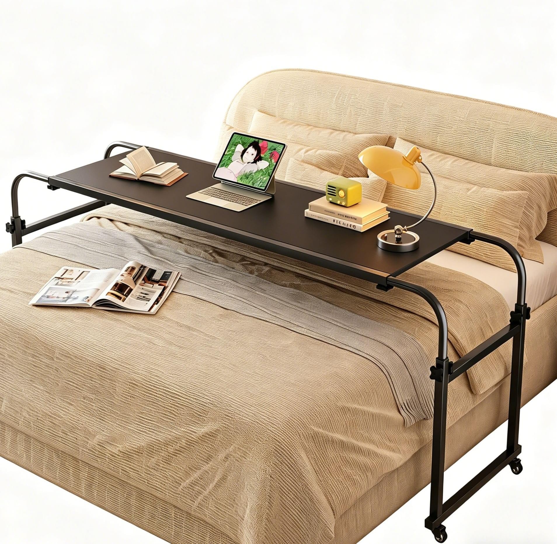 TigerDad Overbed Table with Wheels, Rolling Desk for King Queen Full Bed Heavy Duty, 55"-83" Adjustable Length & Height Hospital Nursing Table, Mobile Cross Bed Laptop Stand for Home Work, Black