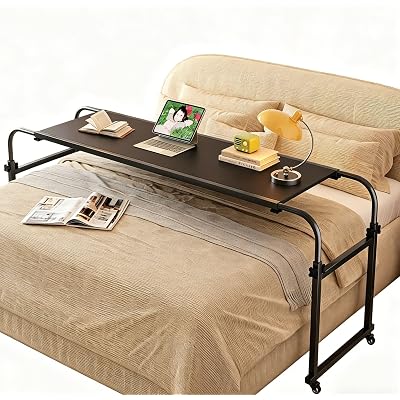 TigerDad Overbed Table with Wheels, Rolling Desk for King Queen Full Bed Heavy Duty, 55"-83" Adjustable Length & Height Hospital Nursing Table, Mobile Cross Bed Laptop Stand for Home Work, Black