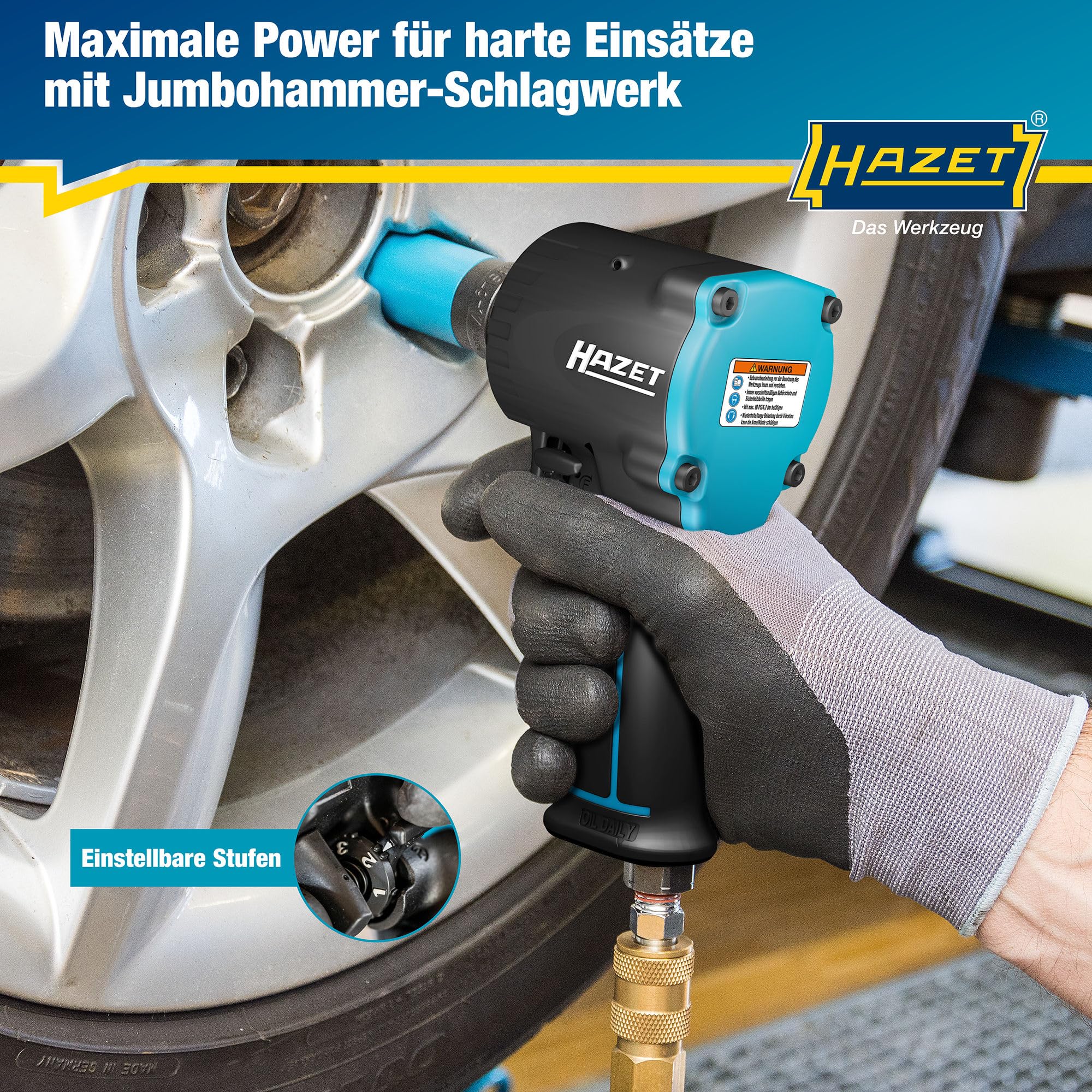 Hazet Druckluft-Schlagschrauber 9012M-1 I extra kurz - nur 80 mm, Max. Lösemoment: 1200 Nm, Vierkant 12,5 mm (1/2 Zoll), Betriebsdruck: 6,3 Bar I kompakte Bauweise für Arbeiten in beengten Räumen