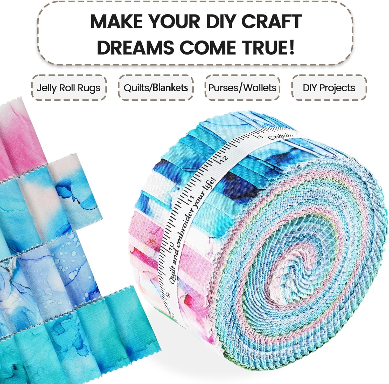 Craftido-18 Options-100% Cotton Jelly Roll Fabric Precut Strips for Quilting, Crafting, and Sewing, 40 Strips 2.5" x 44" Assorted Bundles for Rug, Quilt Project, DIY Craft and Home Decor-Rainbow Inks