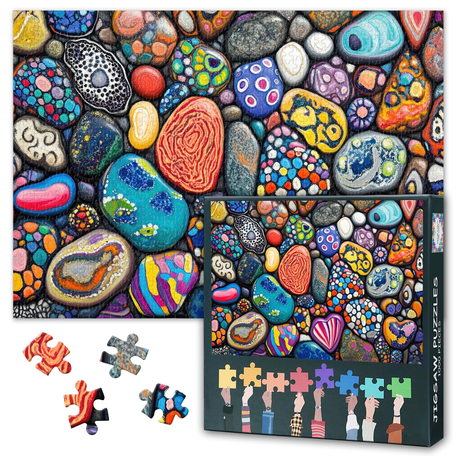 1000 Piece Painted Rocks Jigsaw Puzzles for Adults, Cobble Hill No Dust Thick Puzzle Pieces, Stress Relief Stones Puzzles Fun to Assemble, Vibrant Colors Home Wall Decor (50.5x70.5cm)