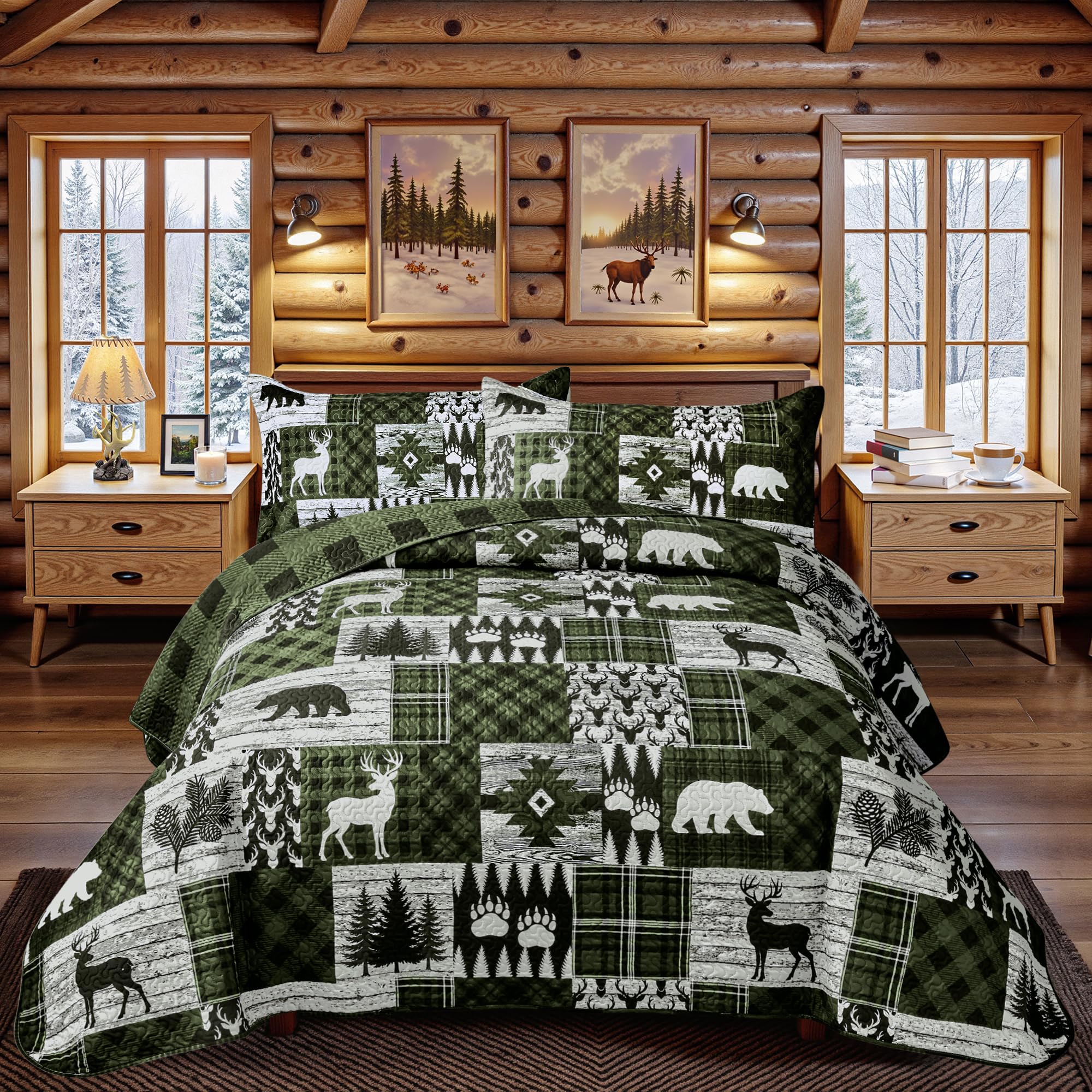 3 Piece Cabin King Size Quilt Sets Farmhouse Rustic Reversible Microfiber Soft Lightweight Bedspread Comforter with 2 Shams Patchwork Country Lodge Bedding Quilts Set for All Season, 106''x96'', Green
