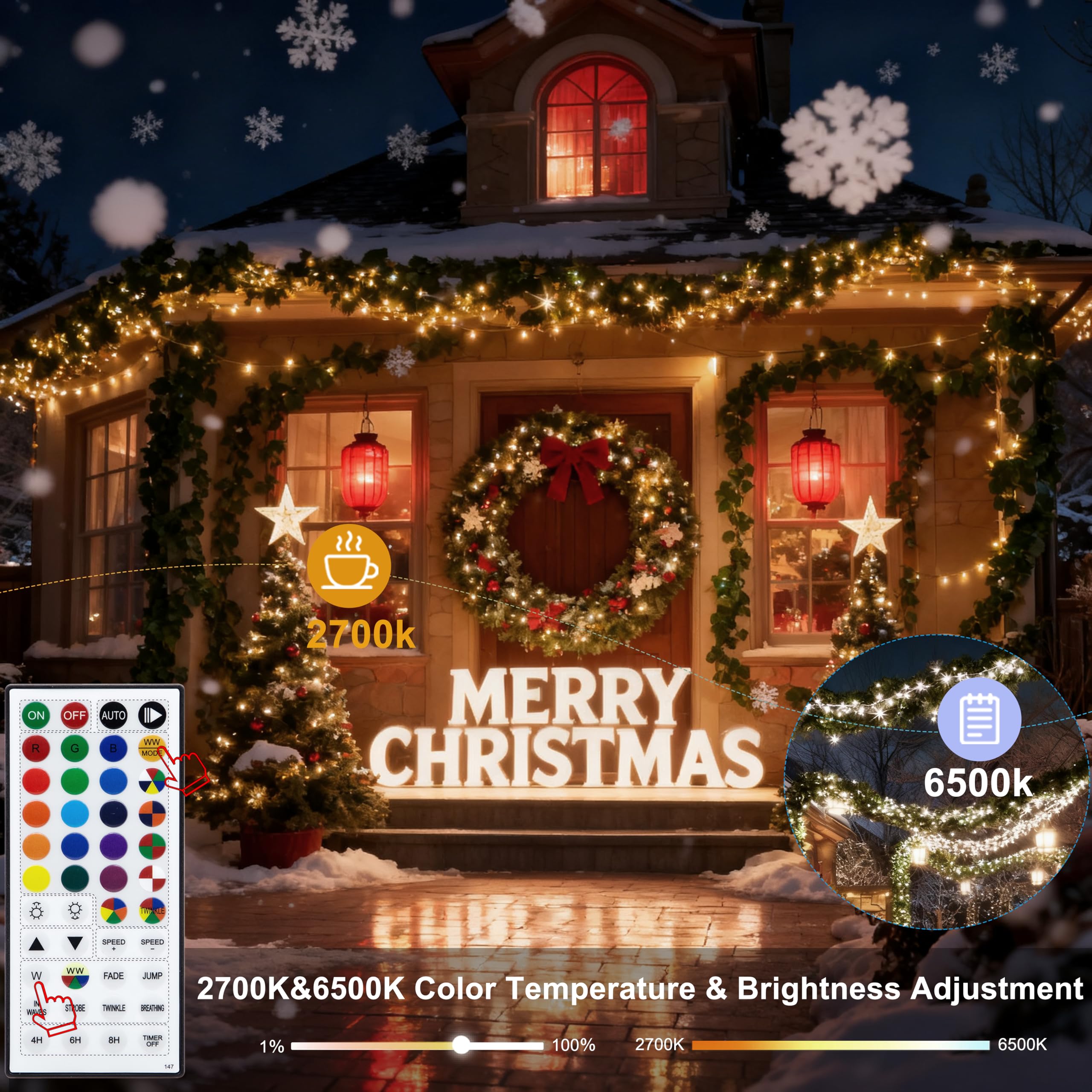 echosari Guirlande lumineuse de Noël à piles, 100 LED avec 150 couleurs changeantes et modes pour décoration de fête de Noël (changement de couleur RVB et blanc chaud) (fil transparent)