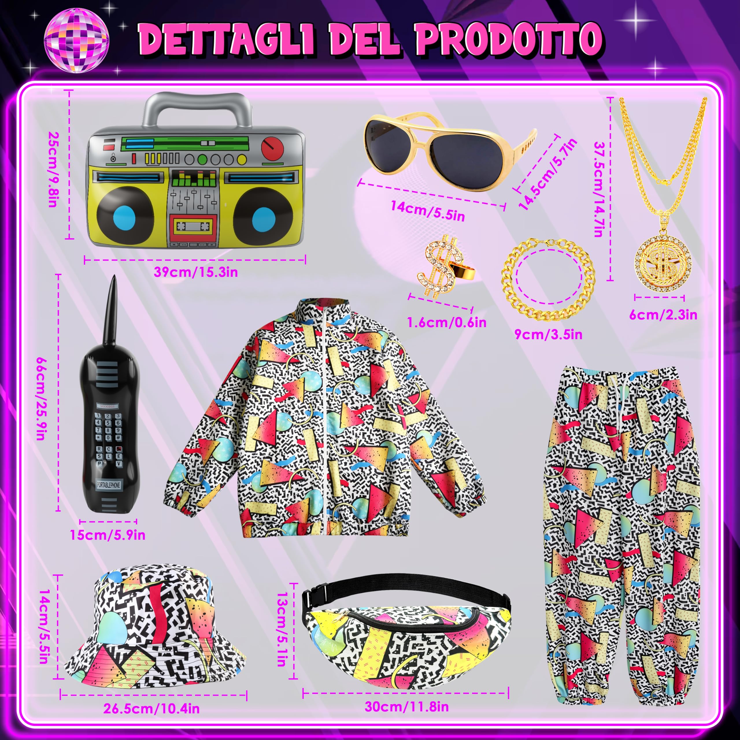 MOMOSTAR Estilo Años 80-90 Hip-Hop Blanco Ropa Deportiva para Hombres y Mujeres Adecuada para Reuniones Festivas y Vestimenta Laboral Cotidiana Incluye Accesorios Festivos
