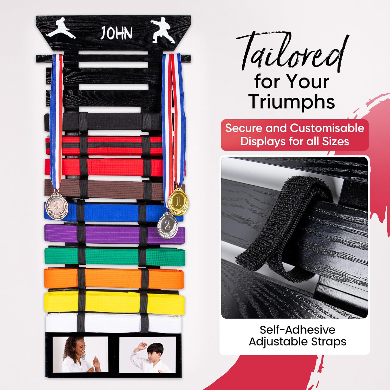 Karate Belt Display Rack - Taekwondo Belt Display with Customization Stickers, 2 Picture Frames, Self-Adhesive Adjustable Strips & Hanging Kit Taekwondo Gifts
