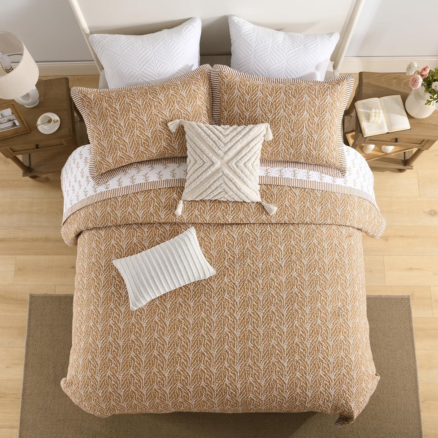 SahSahCasa Quilt Set King Size, 100% Cotton Quilt Bedding Set Bedspread, Botanical Pattern Solid Color Chic Lightweight Quilted Comforter for King Bed, White/Orange, All Season, 3 Pieces