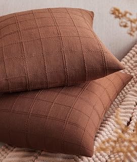 ZeeMart Linen Checked Throw Pillow Covers Set of 2, 24x24 Inch Allover Grid Terracota, Farmhouse Decorative Double Sided Grid Embroidered Couch Pillow Cases Rust Cotton Linen Cushion Covers