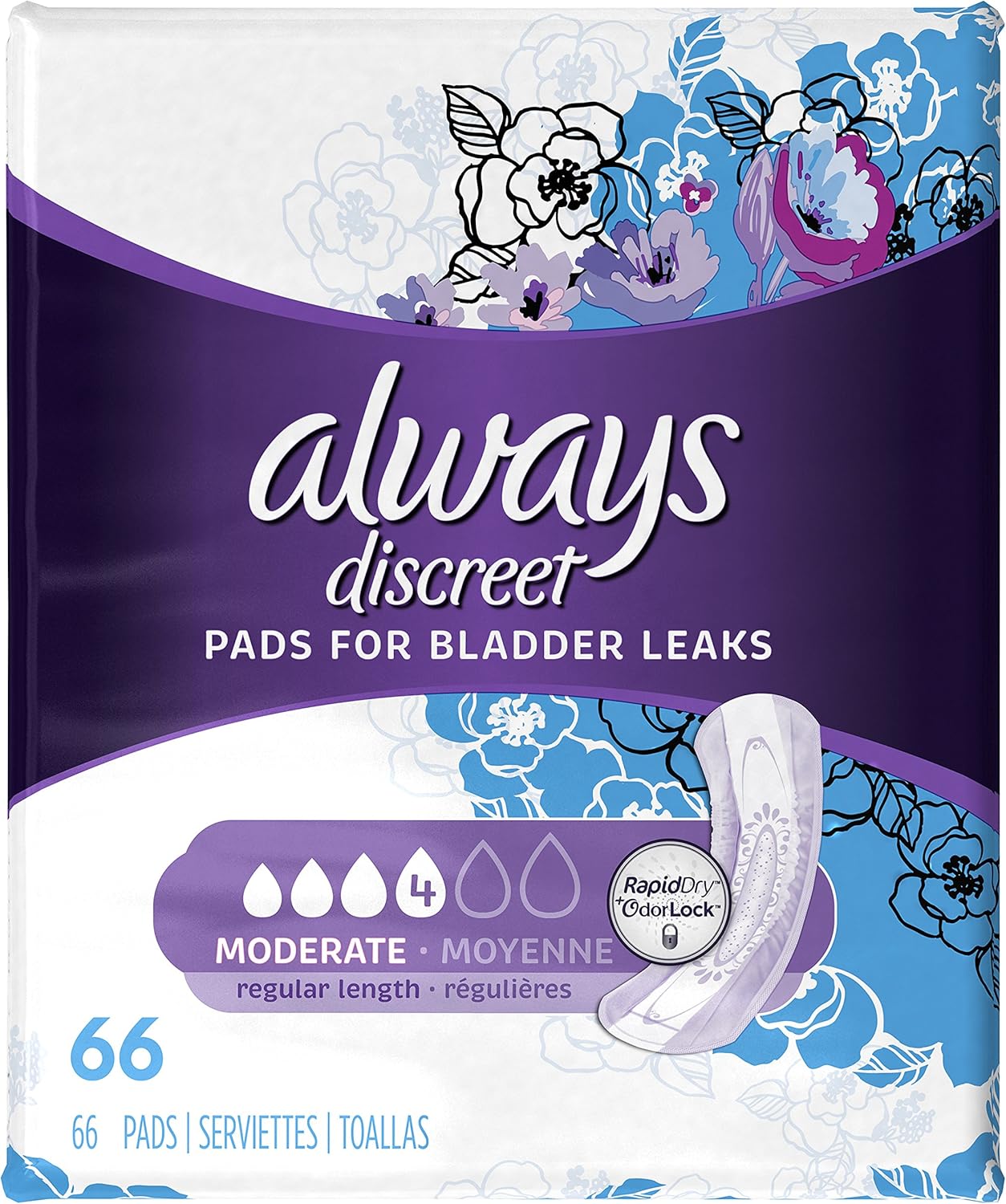 Always Discreet Incontinence Pads for Women, Moderate Absorbency, 66