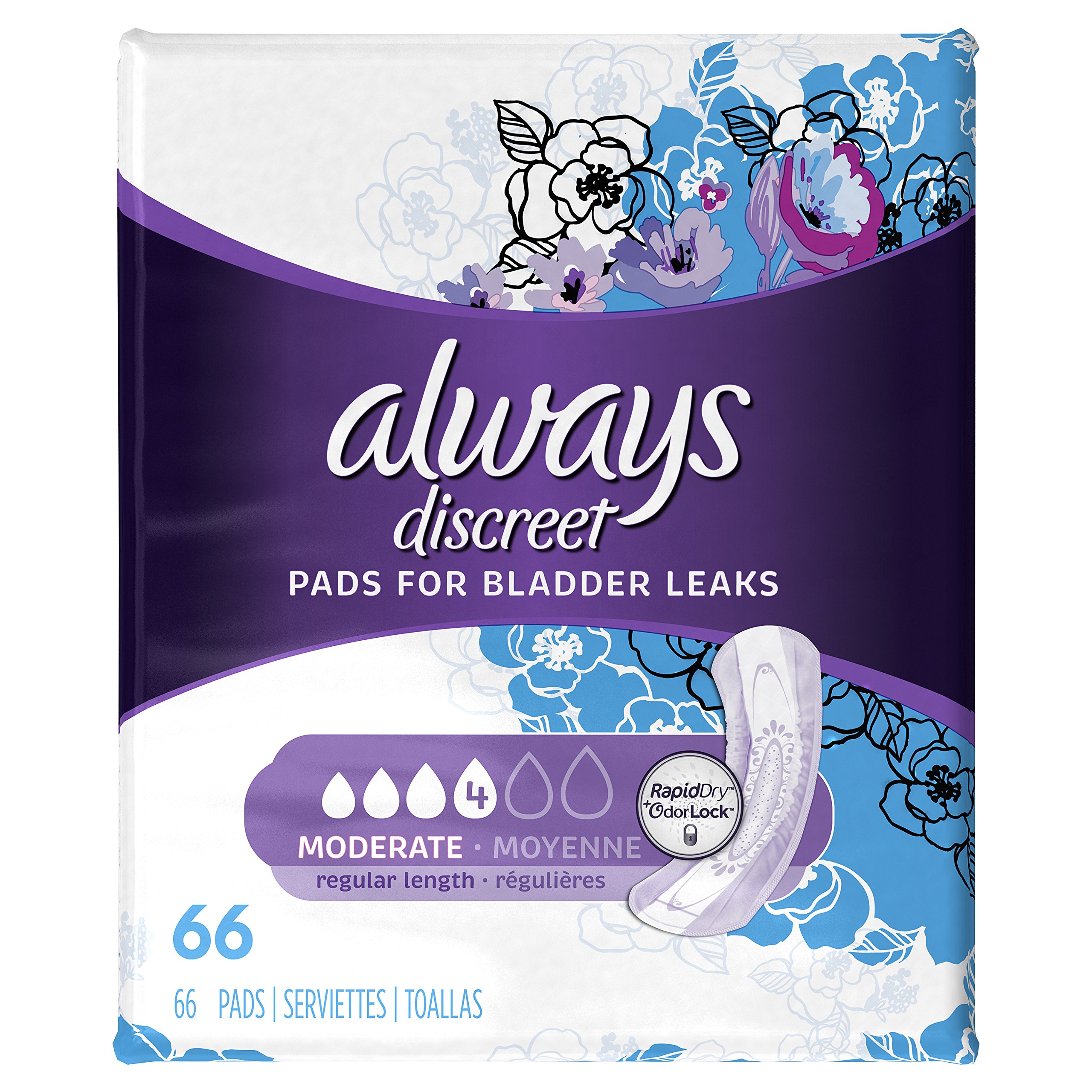 Always DiscreetIncontinence Pads for Women, Moderate Absorbency, 66 Count