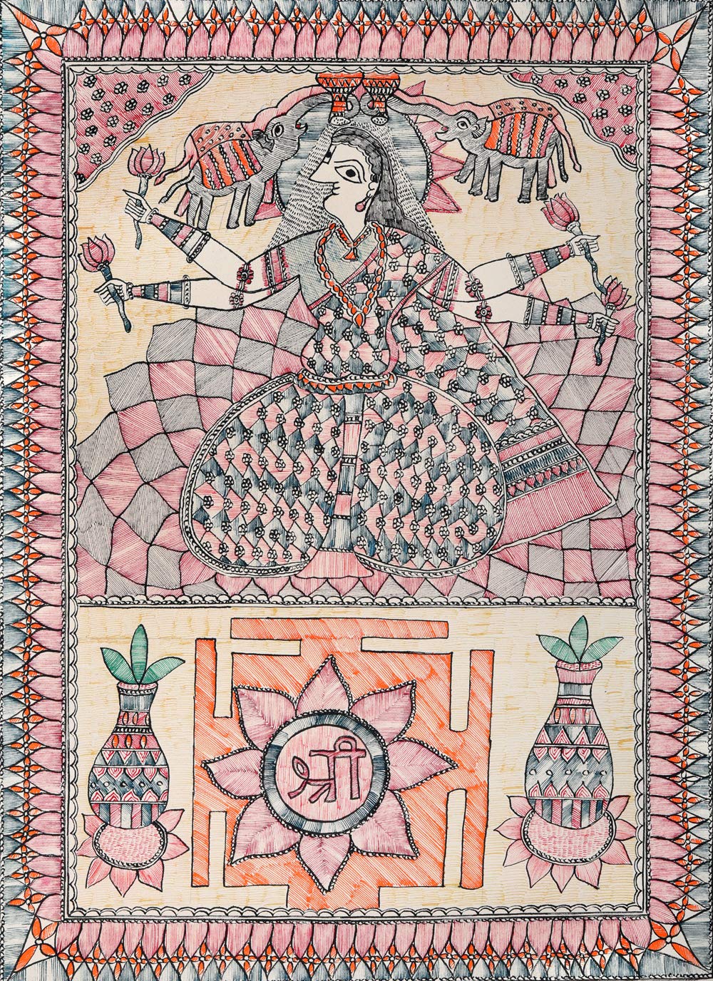 Peinture Shri Yantra Gajalakshmi œuvre d'art folk sur papier fait main