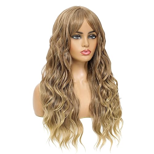 Miniatura 10 de SWACC Peluca larga y rizada ondulada con flequillo peluca de pelo sintético para mujeres con gorra de peluca (negro)