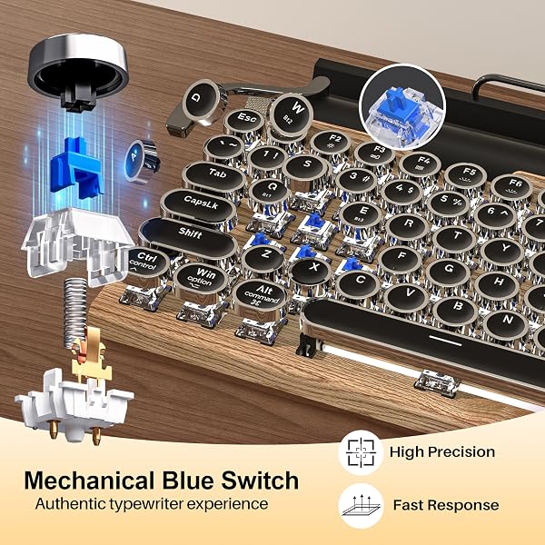 Retro Typewriter Wireless Mechanical Gaming Keyboard, Bluetooth 5.0 Office Computer Vintage Keyboards 83-Key Blue Switches Punk Round Keycap, LED Backlight, Compatible with PC/Laptop/Pad/Phone, Wood - 2