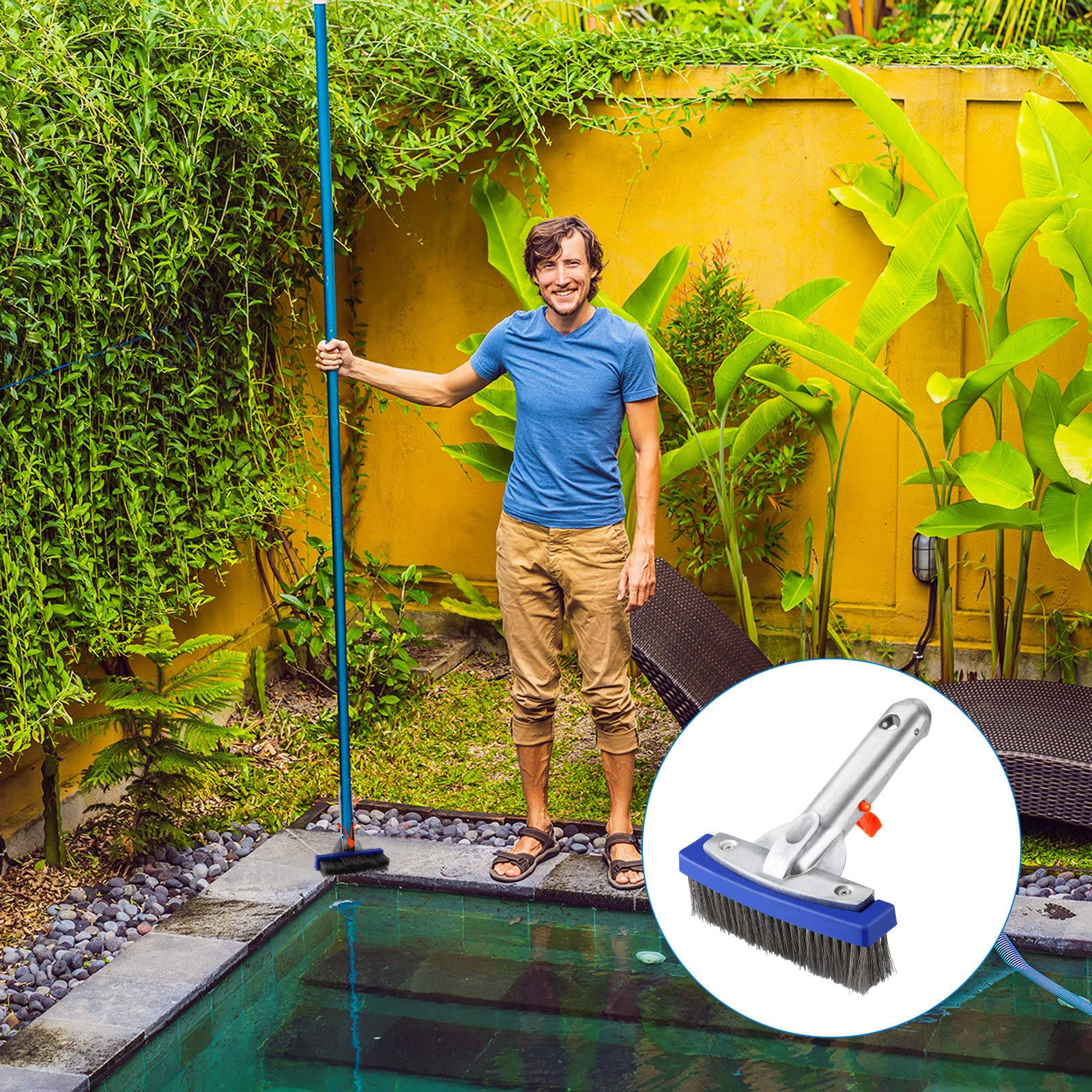 Gejoy Lot de 3 brosses de piscine de 14 cm en acier inoxydable très résistantes avec poignée en aluminium et poils en acier inoxydable pour nettoyer la piscine et s'adapter à la plupart des poteaux