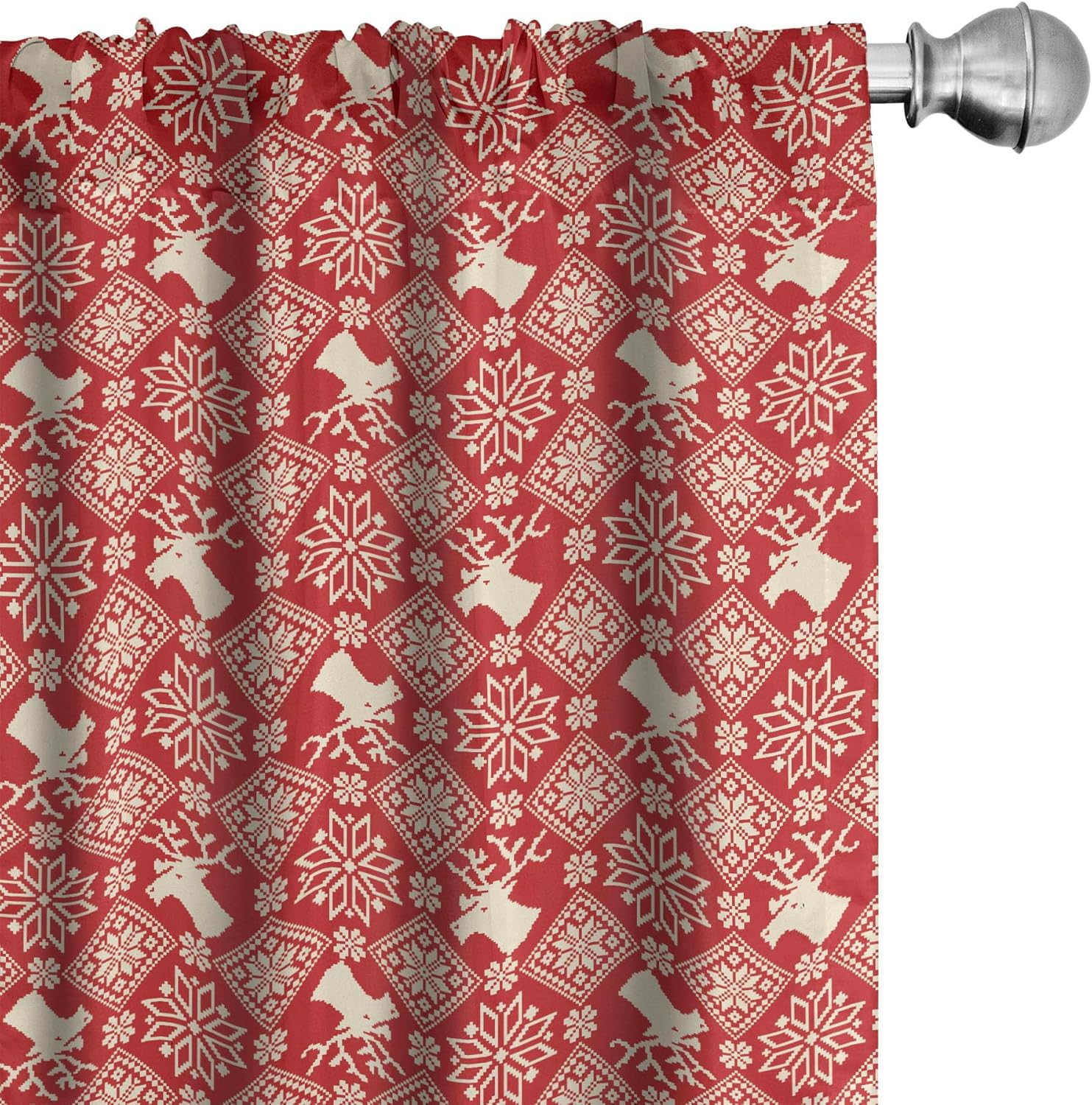 Ambesonne Nordic Curtains, Traditional Northern Culture Pattern with Reindeer Snowflake and Floral Arrangement, Window Treatments 2 Panel Set for Living Room Bedroom, Pair of - 28" x 95", Beige Red