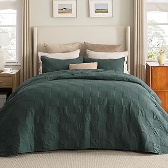 Bedsure 100% Cotton Quilt Set - Lightweight Queen Bedspread, Cozy Emerald Green Bedding Coverlet 3-Piece with Pillow Shams in Checker Pattern for All Season, 90x96 inches, 100% Cotton VoileOEKO-TEX STANDARD 100