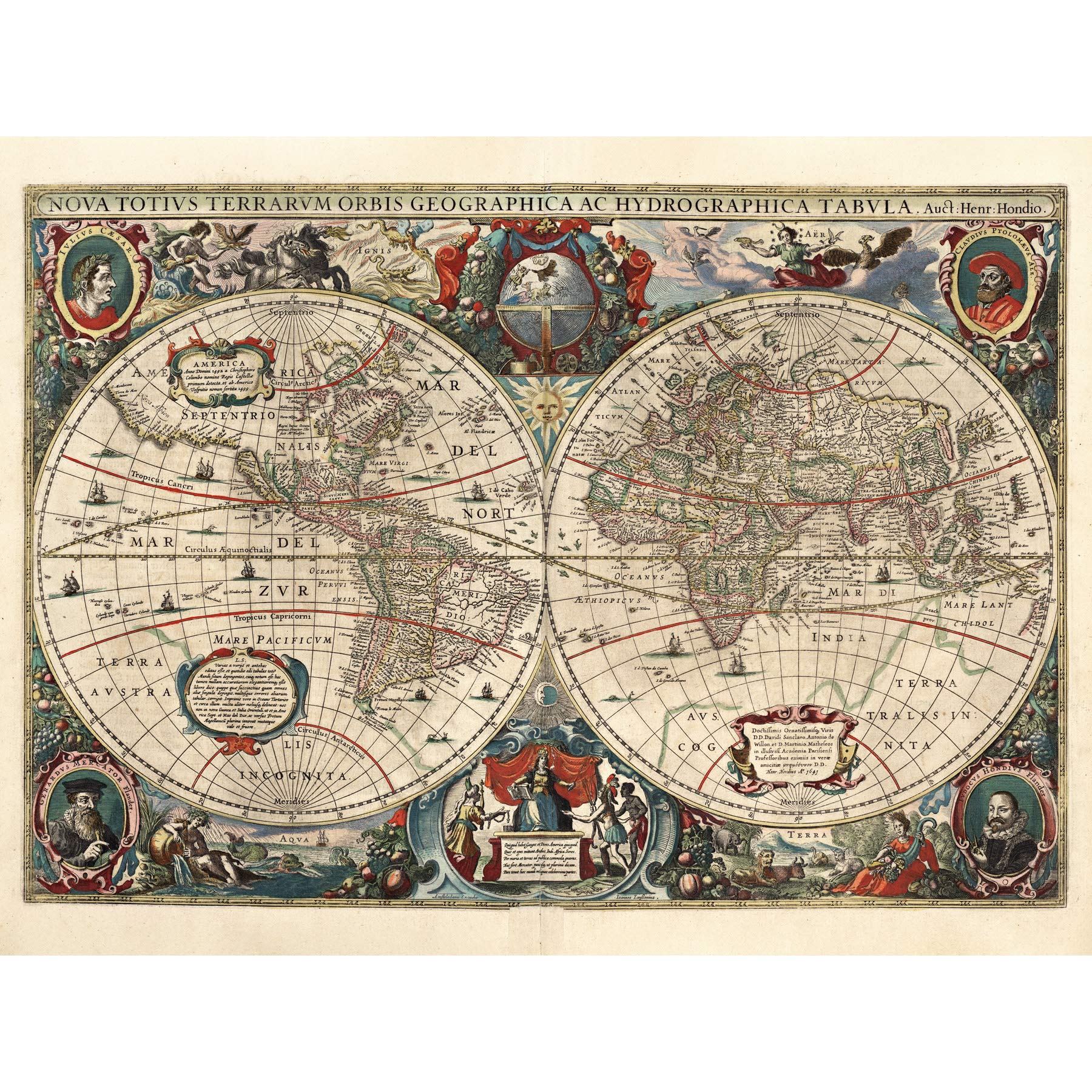 Map Hondius 1641 World Hemispheres Pictorial Large Wall Art Poster Print Thick Paper 18X24 Inch