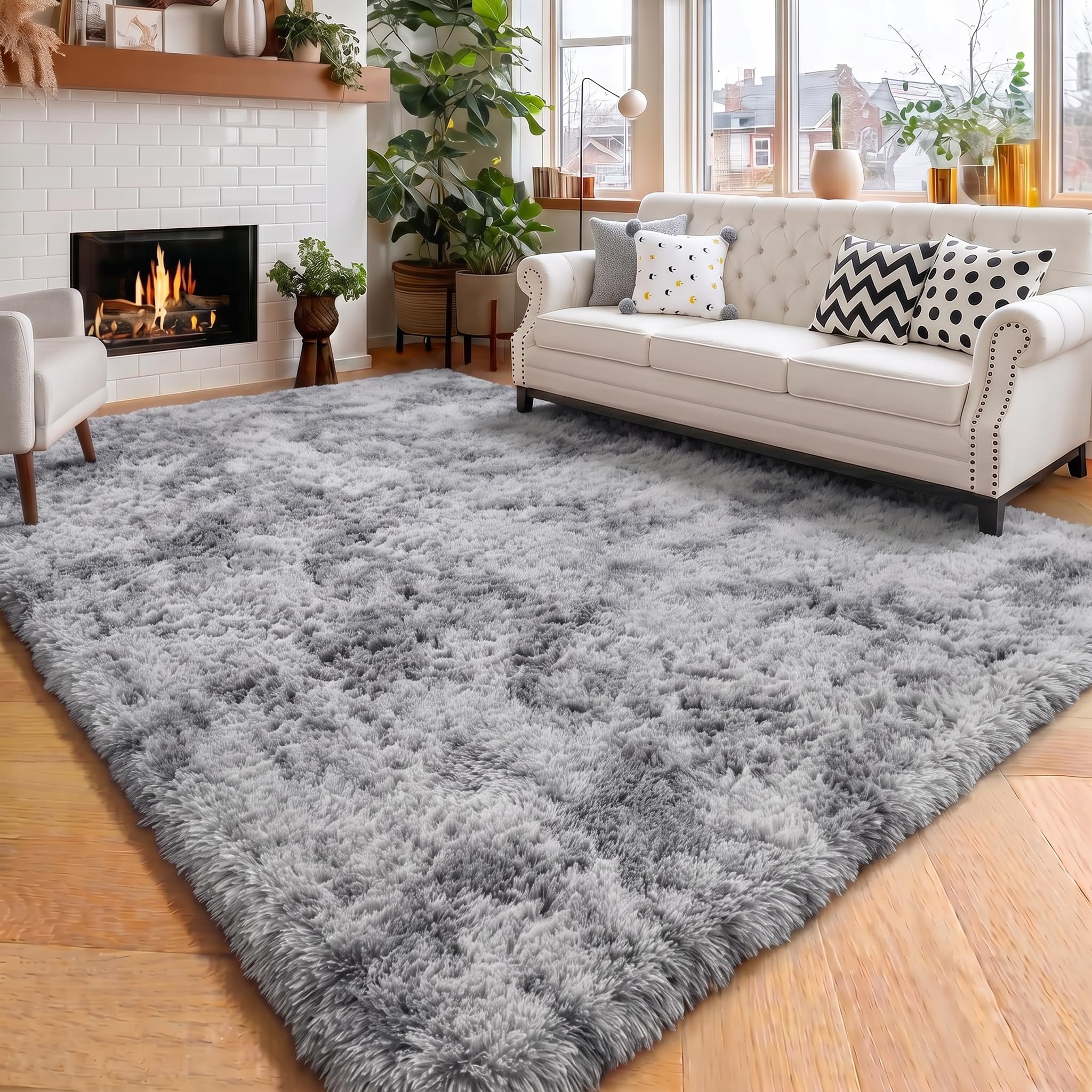 Amdrebio Tie-Dyed Light Grey Area Rugs for Bedroom, Fluffy Furry Rugs for Living Room, Modern Shag Throw Rug for Kids Room Decor, Shaggy Fuzzy Carpet, Indoor Plush Rug for Dorm Classroom, 4x6 Rug — image 1