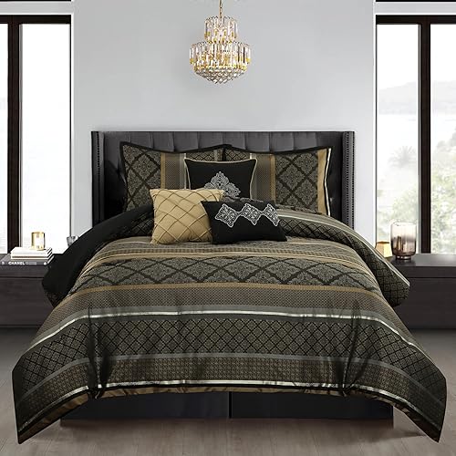Grand Avenue Juego de edredón geométrico negro y dorado, tamaño California King, juego de ropa de cama jacquard de 7 piezas, ultra suave, fundas a
