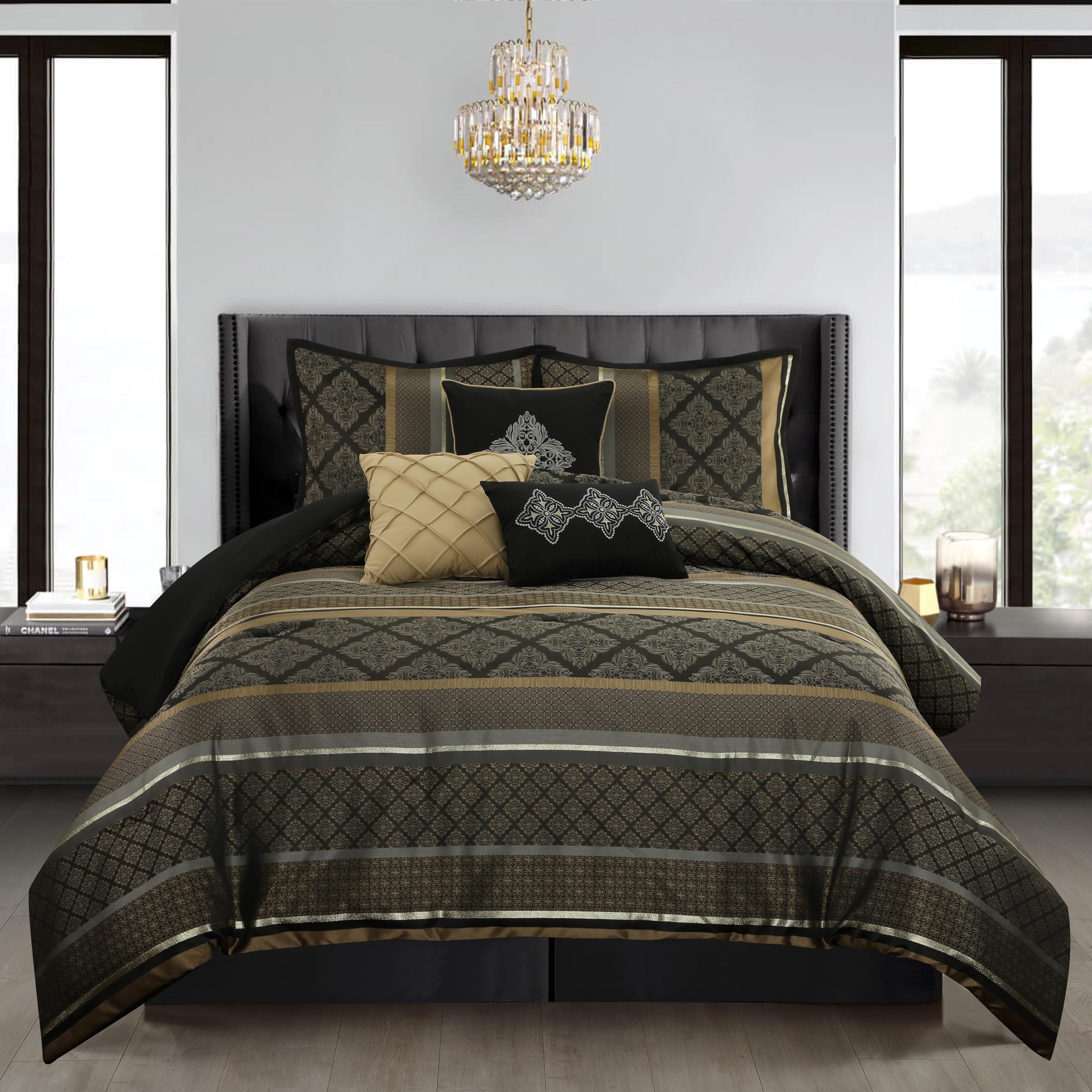 Stratford Park Jacquard 7 Piece Comforter Set, Black and Gold, California King Size, Geometric Bedding Set, Matching Shams, Bedskirt, Decorative Pillows