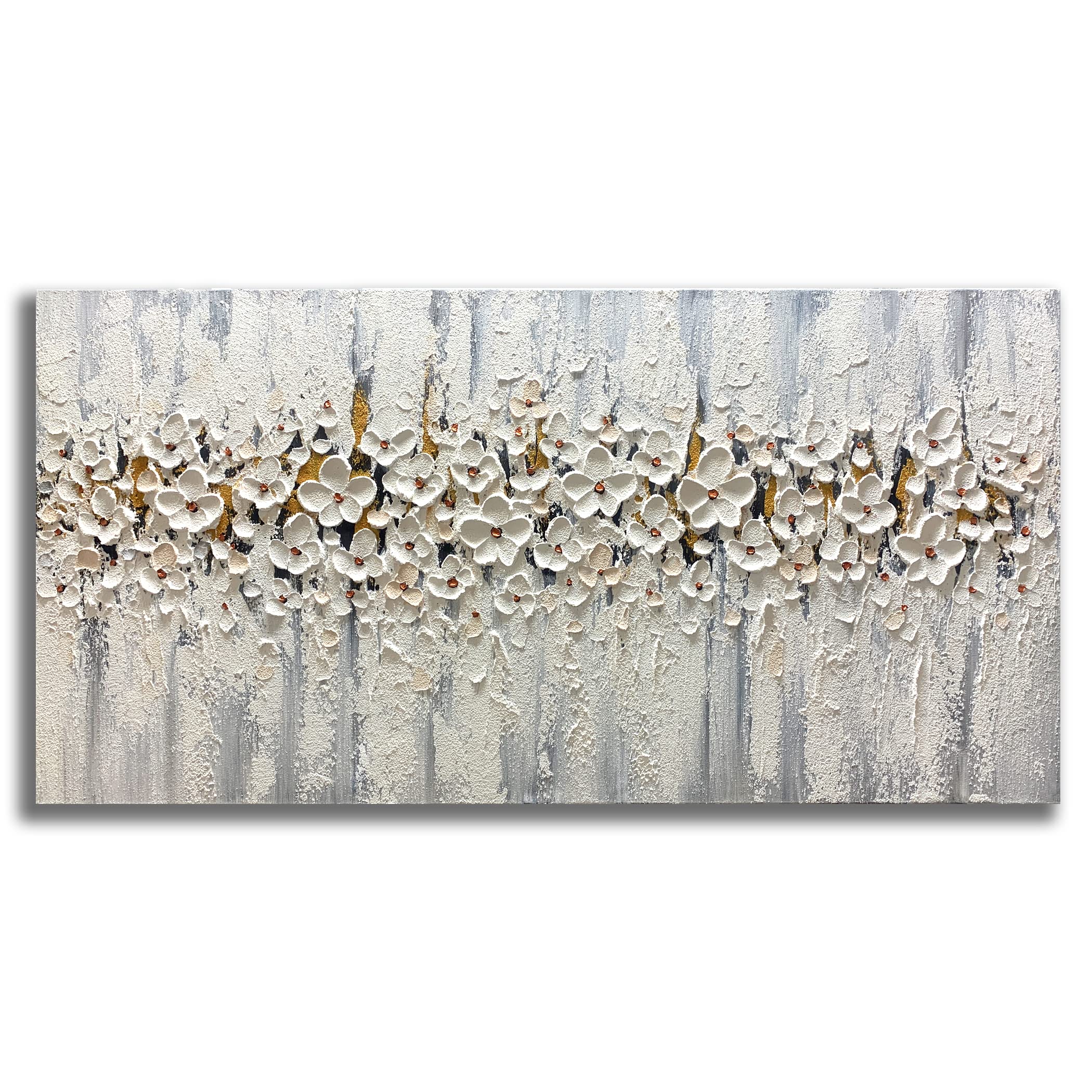 Yika Art Paintings - 24X48 Inch 3D White Flowers Paintings Modern Abstract Textured Knife Platte Oil Painting Hand Painted On Canvas Abstract Artwork Picture Wall Decoration for living room
