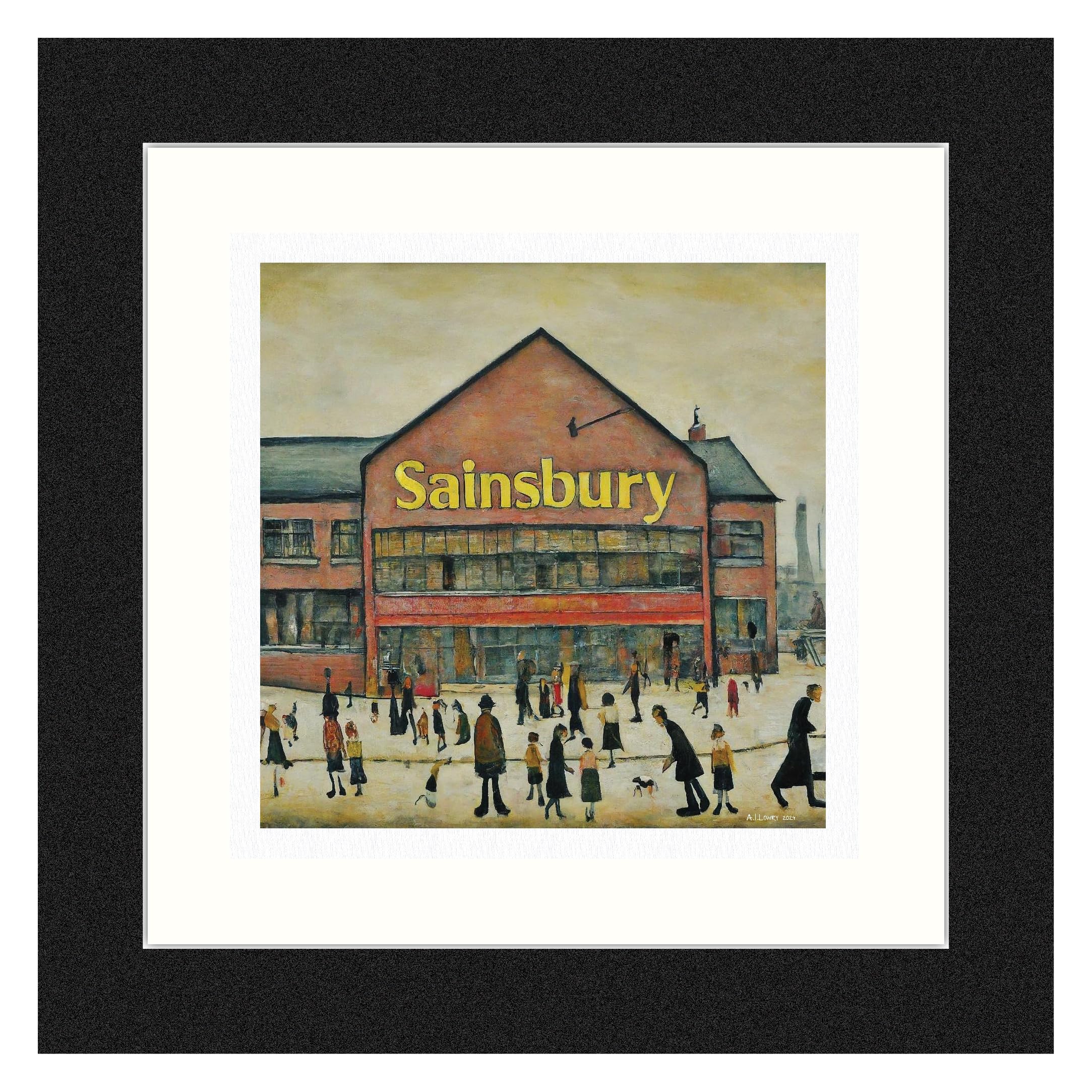 Greetingles Lowry-Style 12"/31cm Square Framed Print. Beautiful Black Ash Frame (Lowry, Sainsbury) โ image 1