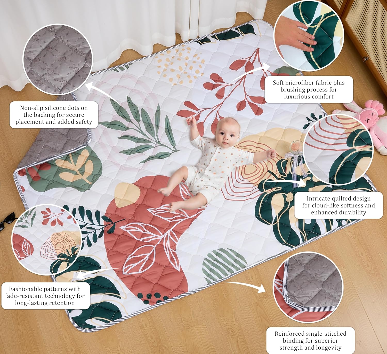 TADO MUSLIN Baby Play Mat 71x59 Inch, Thickened Soft Floor Mat for Playpen, Machine Washable Foam Crawling Mat with Non-Slip Bottom for Babies and Toddlers, Foldable Padded Playmat