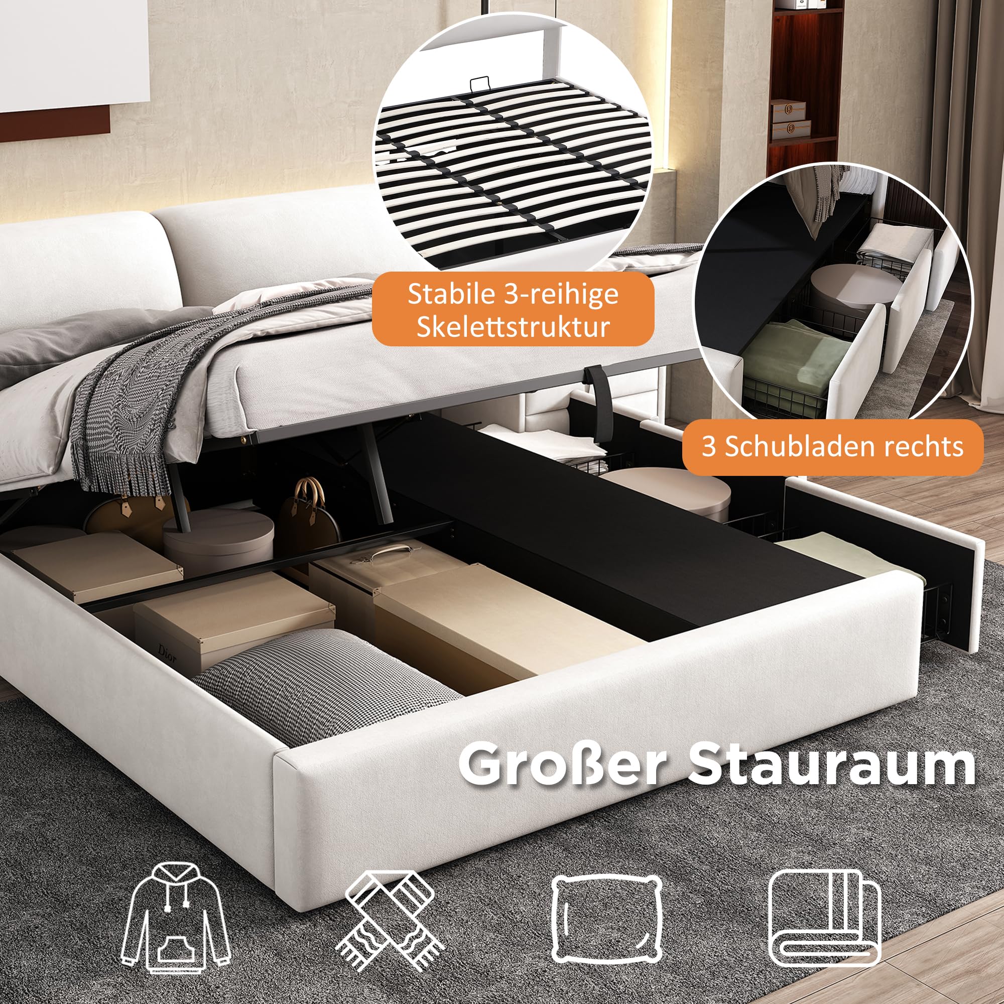 Zepneiy Lit Double180x200 avec Sommier hydraulique et 3 Tiroirs, Lit Coffre 180x200 avec Rangement et Tete de, Velours Beige(sans Matelas)