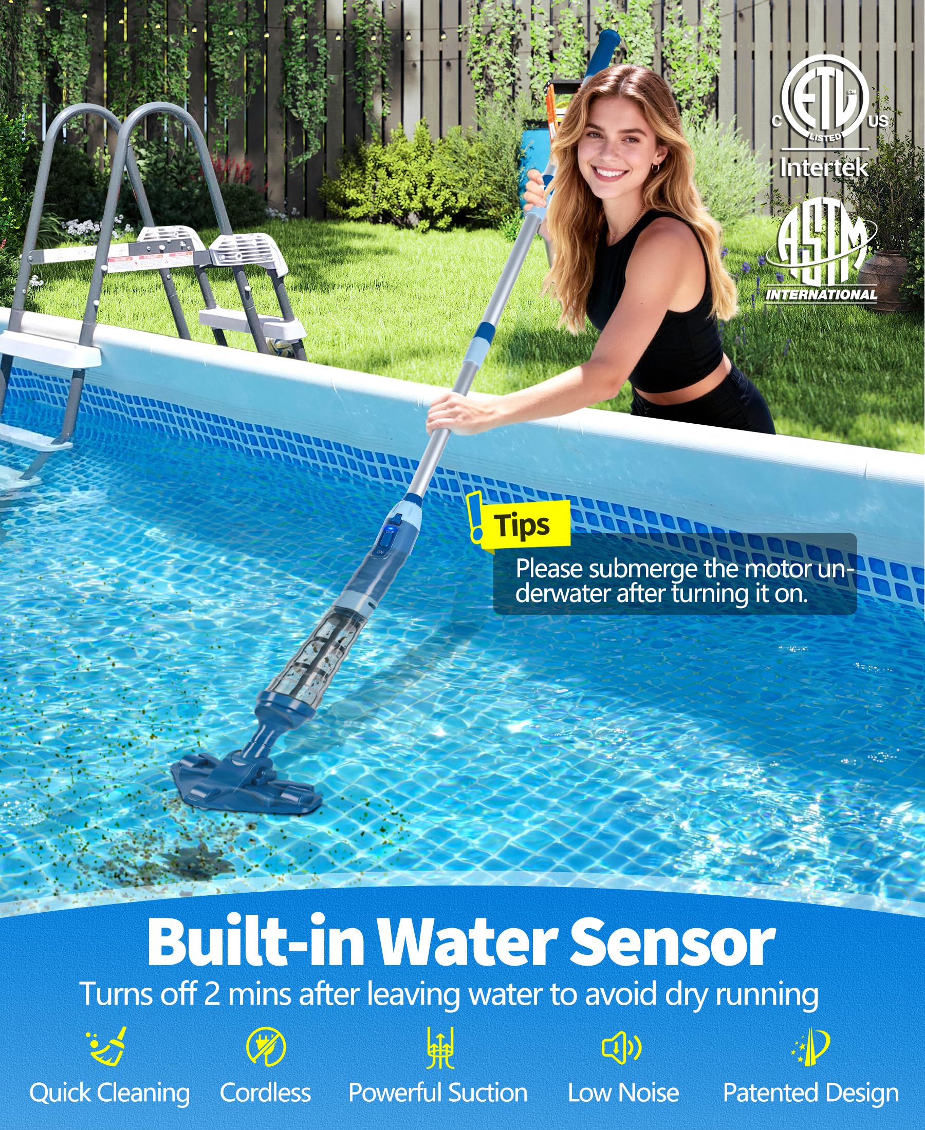 PoolLeader Aspirador Piscina Bateria, 60L/Min Aspiradora Piscina Sin Cable, Aspiradora Piscinas Manual con Sensor de Agua & 2 Cabezales Limpieza Extraíbles,Aspirador para Piscinas Hasta 90min Duración