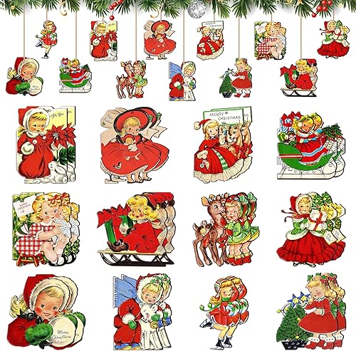 24 adornos colgantes de Navidad vintage, adornos de madera de Navidad para árbol, adornos de Navidad, Papá Noel, muñeco de nieve, árbol de Navidad,