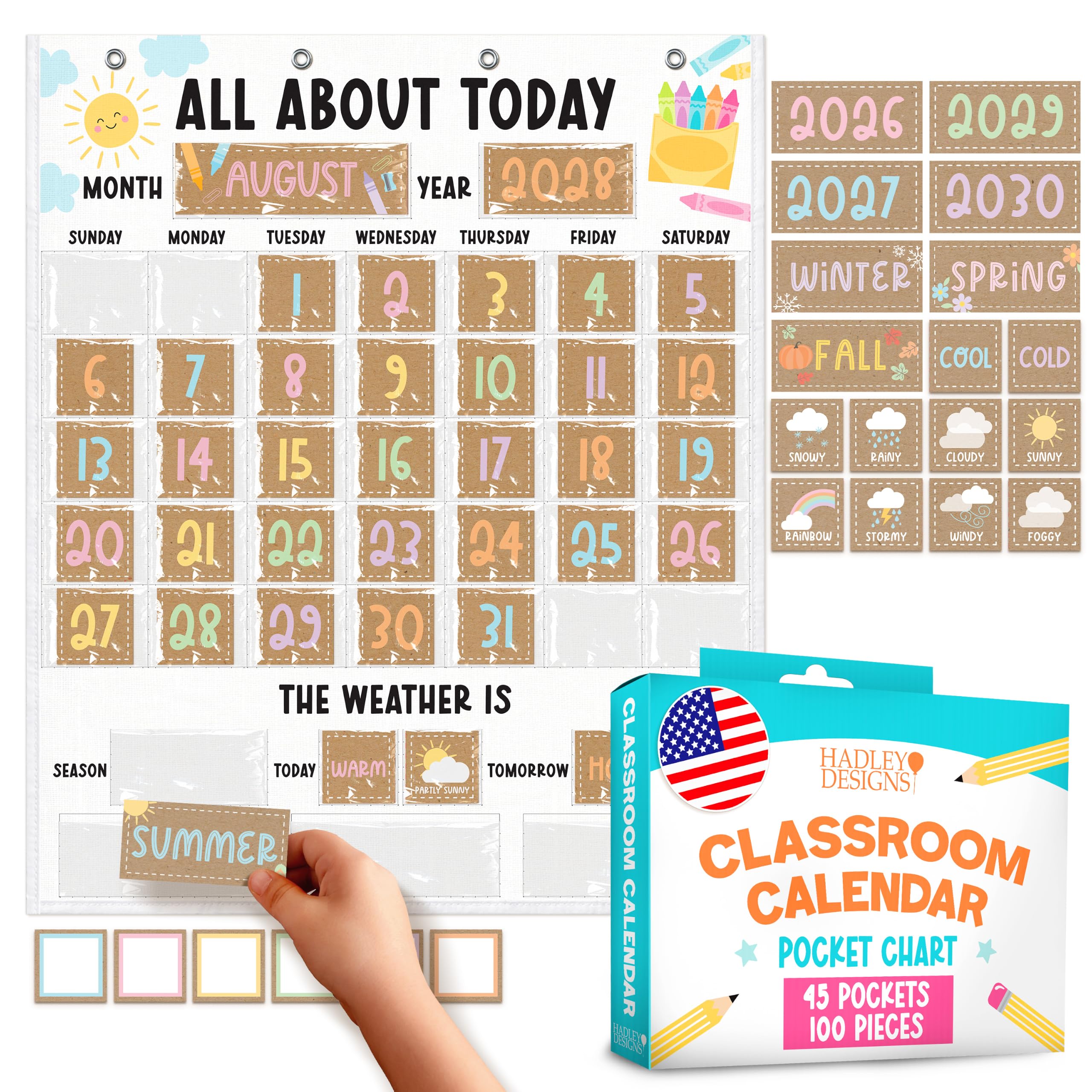 Large 45 Pockets Classroom Calendar Pocket Chart - 24x29" Pocket Calendar