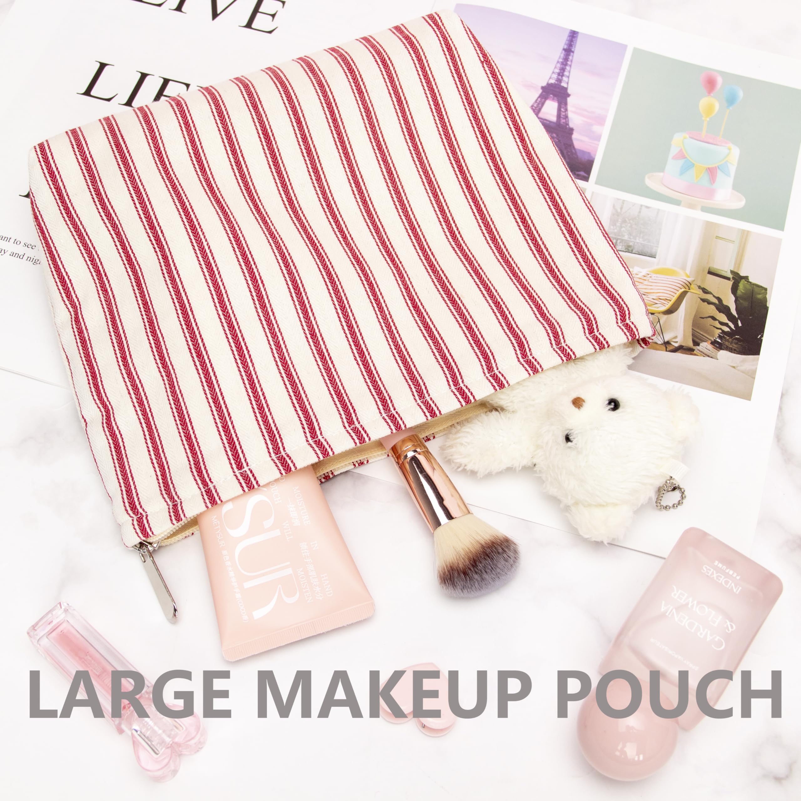 PAZIMIIK Make-up-Tasche mit Blumenmuster, Baumwolle, Reißverschluss, für Geldbörse, Reisen, Leinen, Make-up-Organizer für Damen, Kosmetik, Vintage-Stil, gestreift, Rot, Vintage Stripe Red, 10x7inch