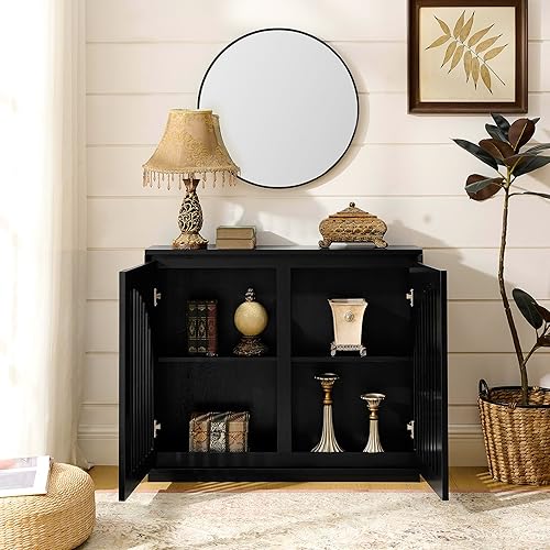 Miniatura 7 de Aparador acanalado con 2 agujeros de salida, gabinete de almacenamiento acanalado moderno de mediados de siglo para sala de estar, color negro