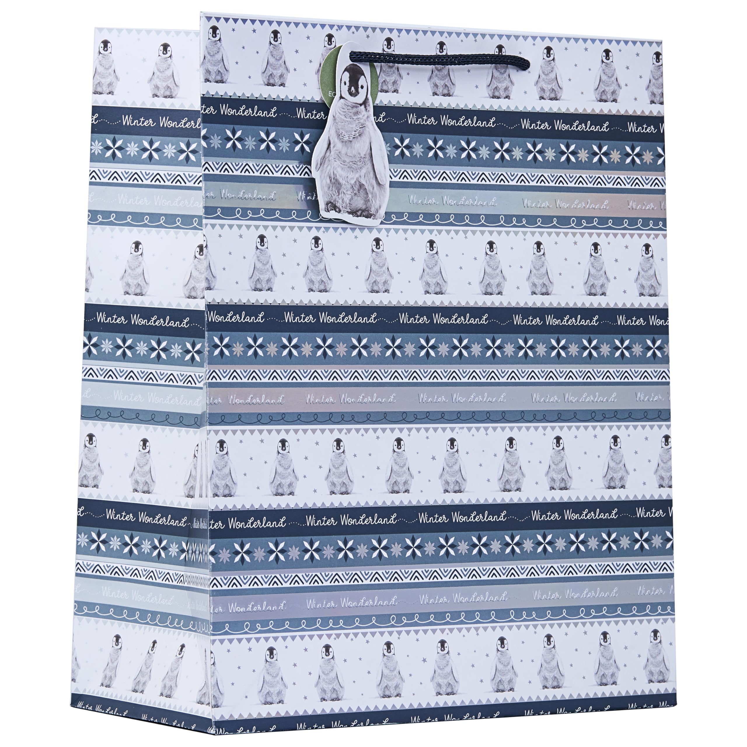 Design By Violet Christmas Penguin Fairisle Large Gift Bag – Elegant Silver Holo Foil Finish with Winter Wonderland Design and Rope Handle – Perfect for Clothes, Toys & Presents