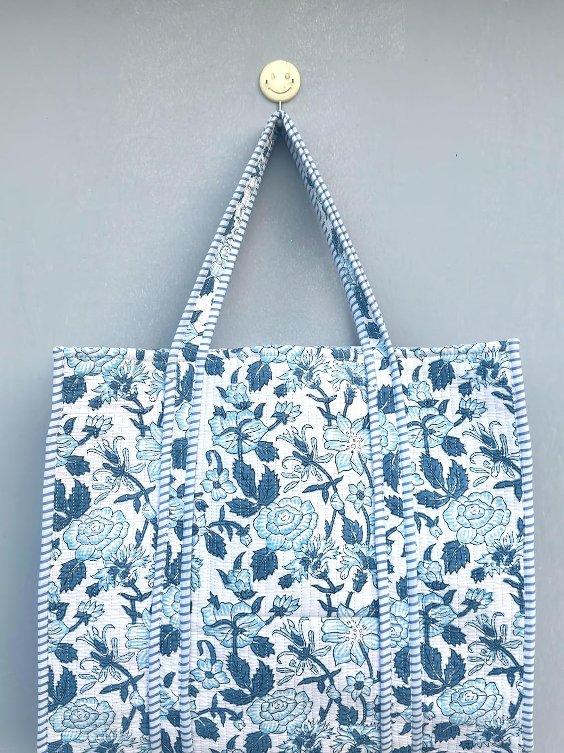 Quilted Cotton Handprinted Reversible Large multicolor Floral Tote Bag,Hand Block Print Shopping Shoulder Carry Bag - Image 7